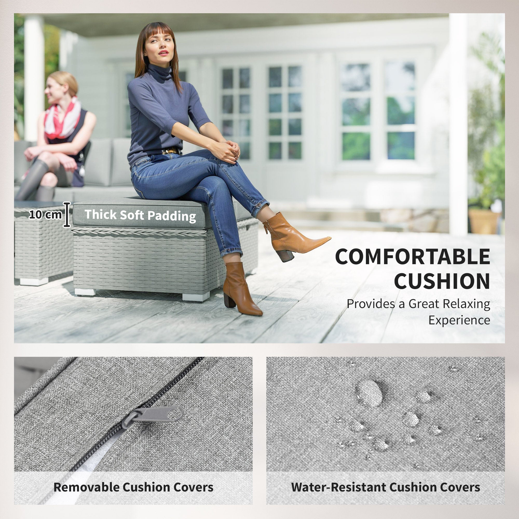 Kozy 6 Pieces Outdoor PE Rattan Wicker Corner Sofa Set with 10cm Thick Padded Cushions, Aluminium Conservatory Furniture with Glass Top Coffee Table, Footstools, Grey