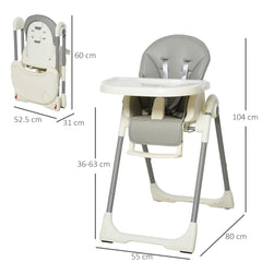 Kozy Foldable Baby High Chair Convertible Feeding Chair Height Adjustable with Adjustable Backrest Footrest and Removable Tray 5 Point Safety Harness for Kids 6 - 36 Months Grey