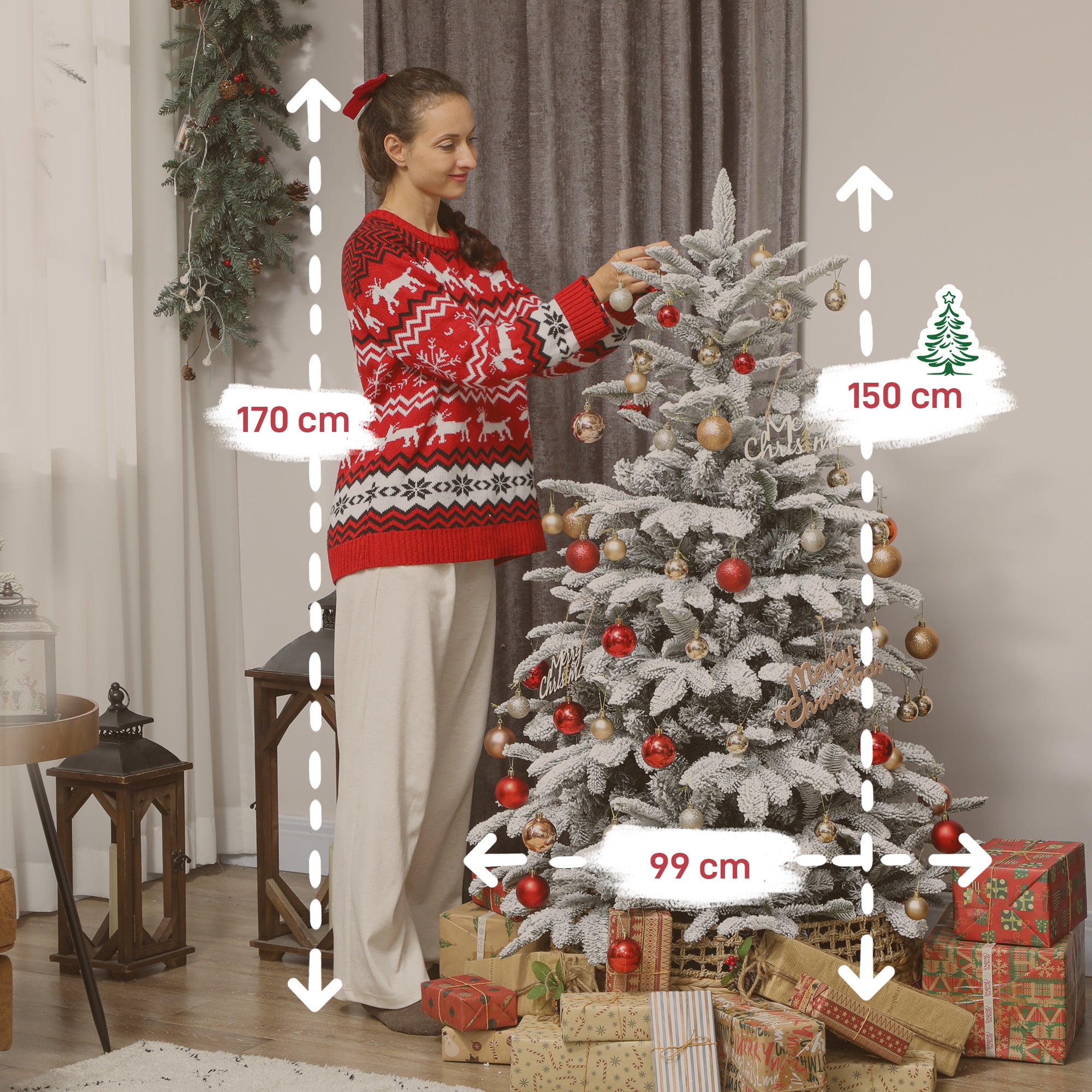 Kozy - 5 ft Artificial Flocked Christmas Tree with 717 Branches, Hinged Xmas Tree with Foldable Metal Stand, Easy Assembly for Home Office Decor