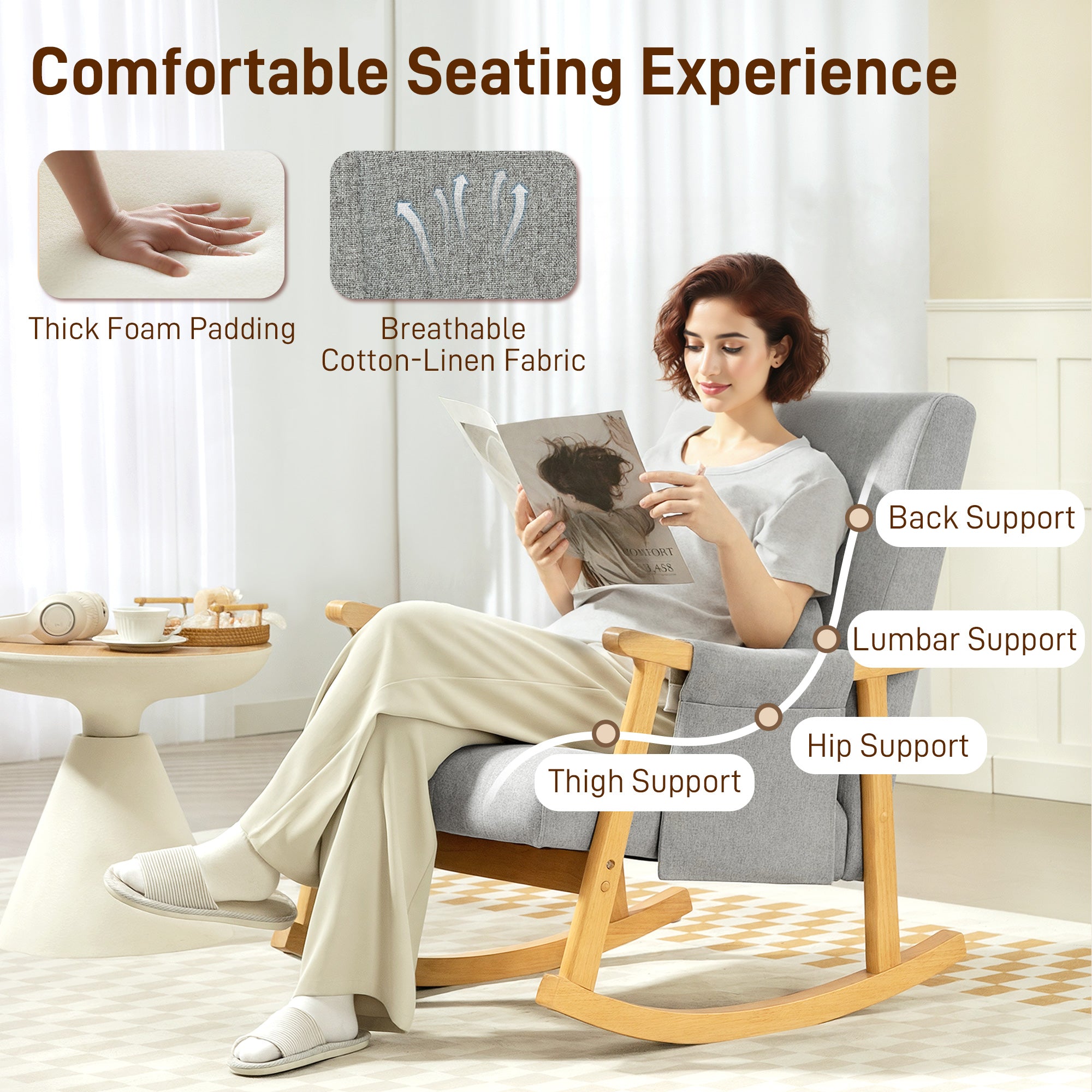 Kozy Wood Frame Rocking Accent Chair - Light Grey