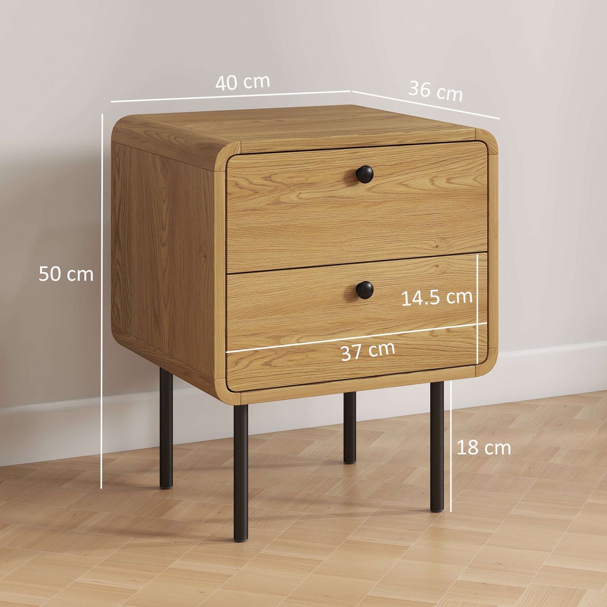 Kozy Bedside Table with 2 Drawers and Steel Legs - Oak