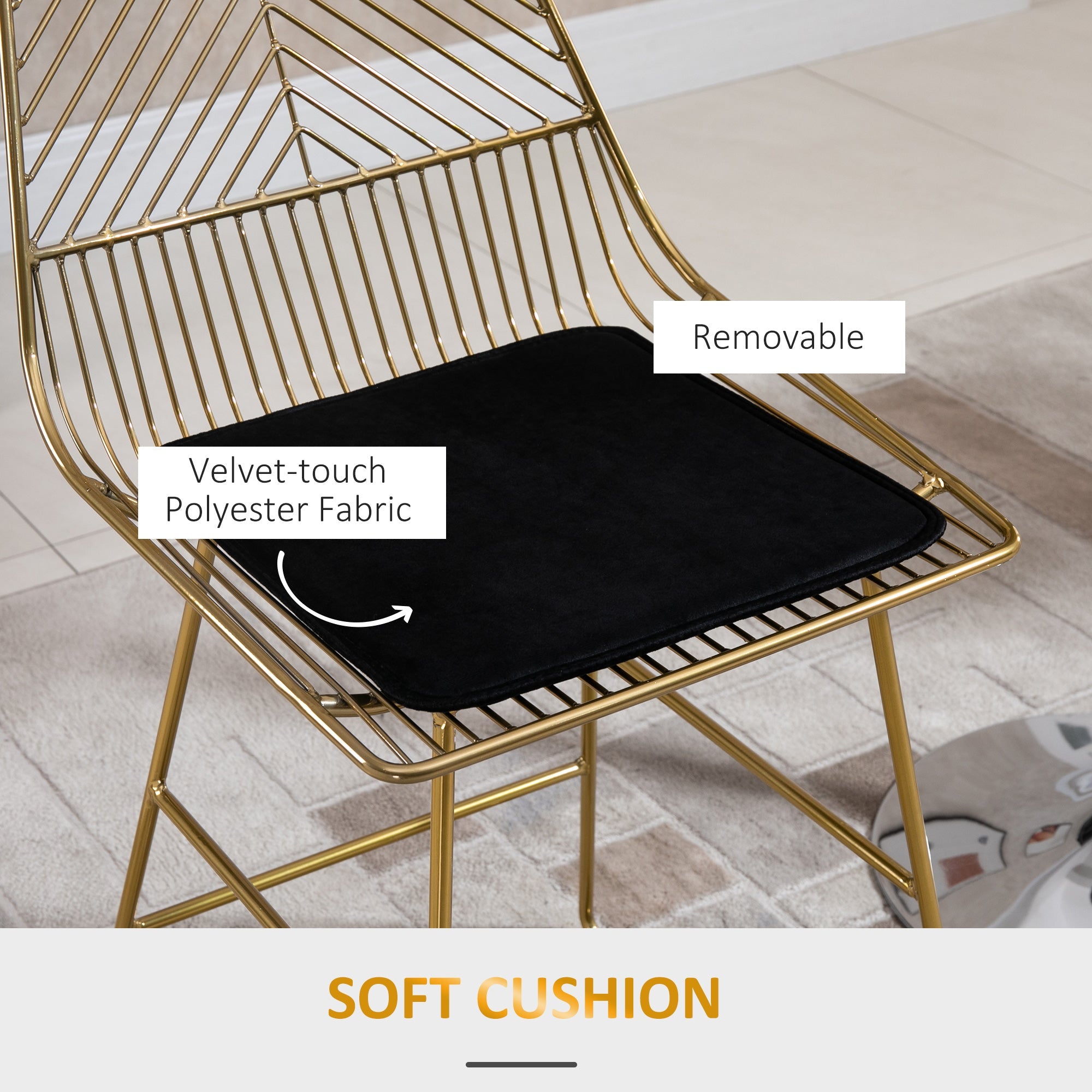 HOMCOM Set of 2 Bar Chair w/ Modern Counter Height, Wire Metal Bar Stool for Kitchen, Counter Bar Stool, Gold | Aosom UK