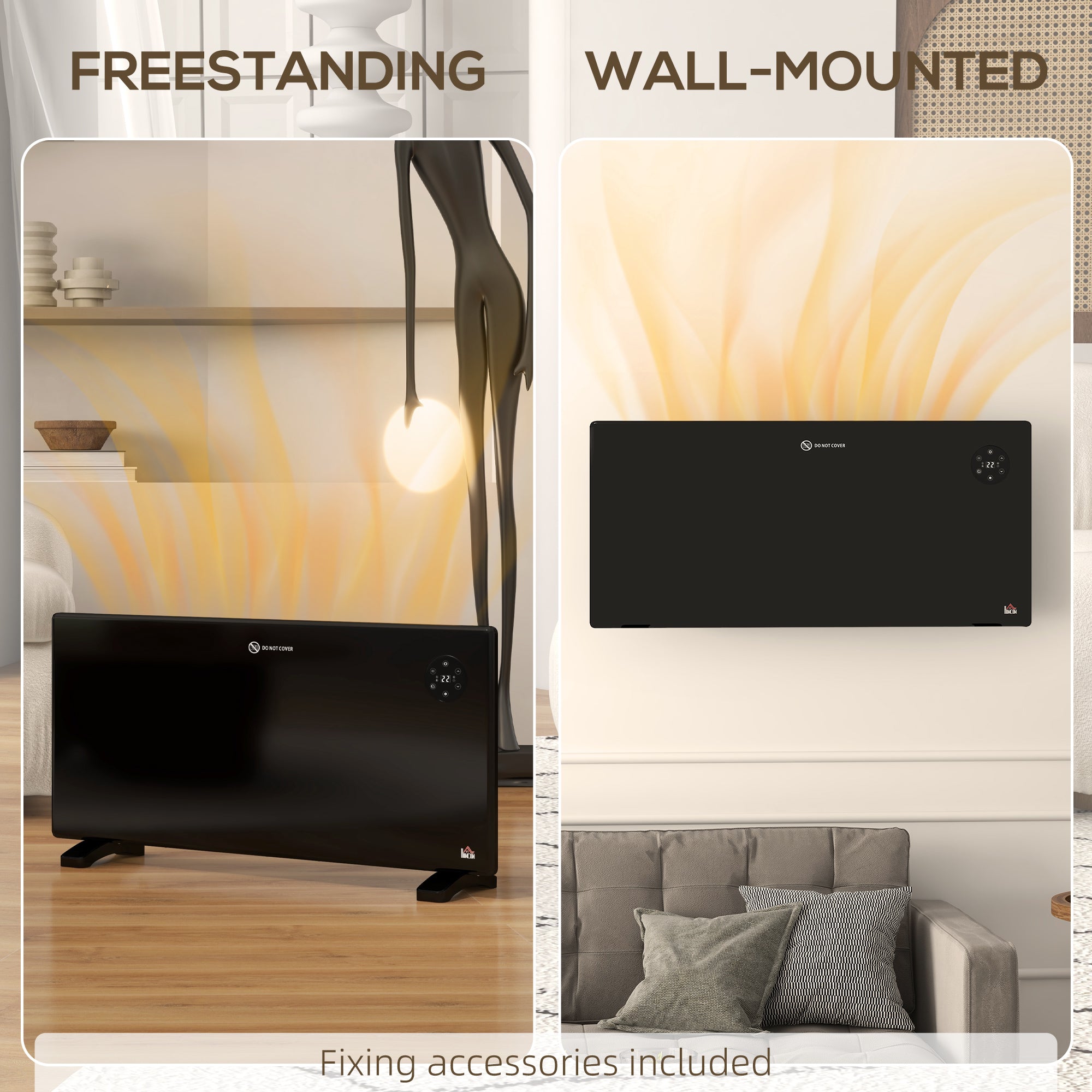 Kozy - 2000W Electric Convector Heater, Freestanding or Wall Mounted, Space Heater with Adjustable Thermostat, Timer, Black