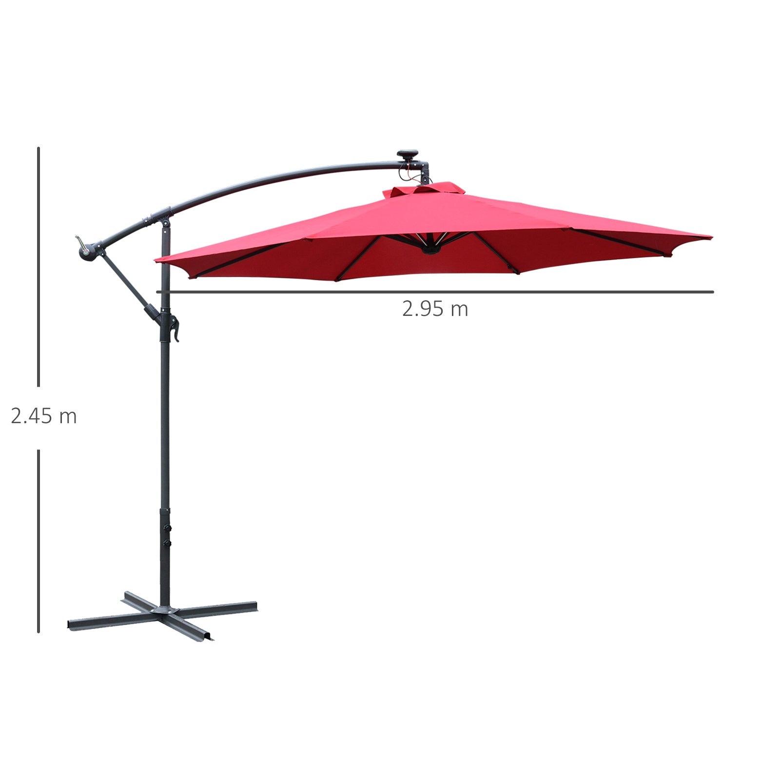 Outsunny 3m LED Patio Banana Umbrella Cantilever Parasol w/ Crank Cross Base Hanging Offset Umbrella Frame Steel  Aluminium Garden Table Outdoor Red