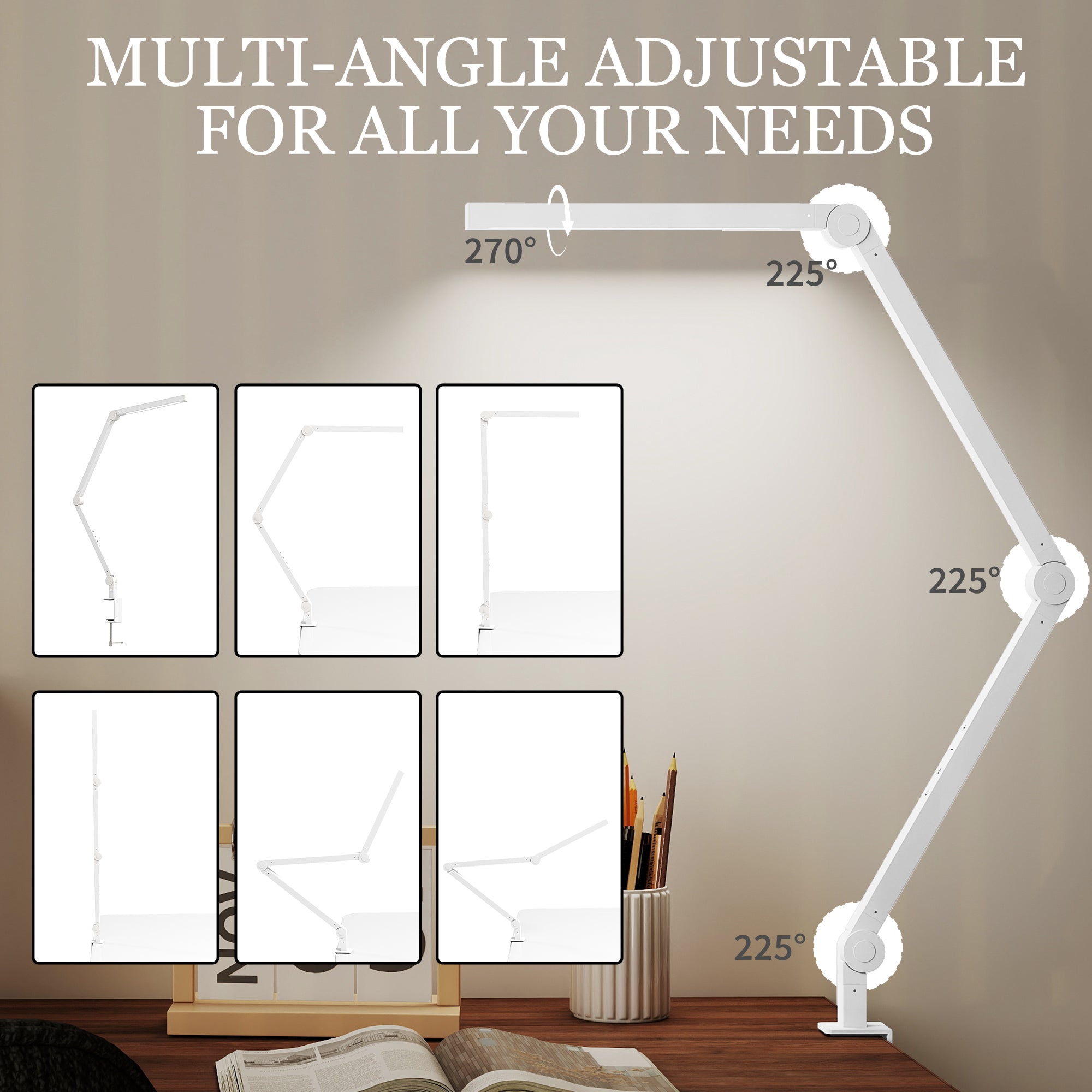 Kozy LED Desk Lamp, Dimmable Desk Light with Swing Arm and Clamp, Adjustable Eye-Caring Table Lamp with 2 Colour Modes & 5 Brightness Levels for Study, Drawing, Office, Architect, Task, White