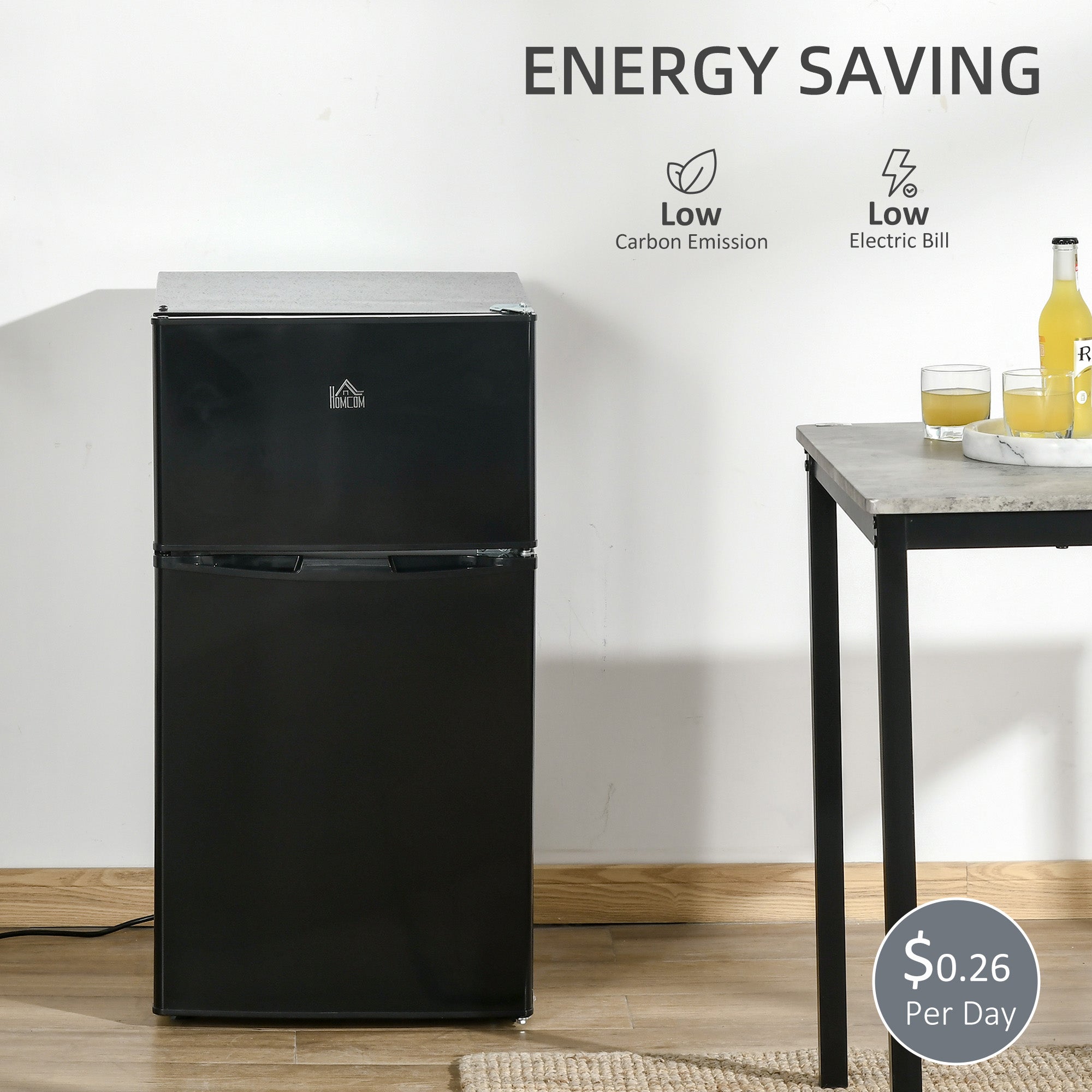 Kozy - 88L Under Counter Fridge Freezer, Small Refrigerator with 5-Setting, 3 Star Freezer Rating, Black