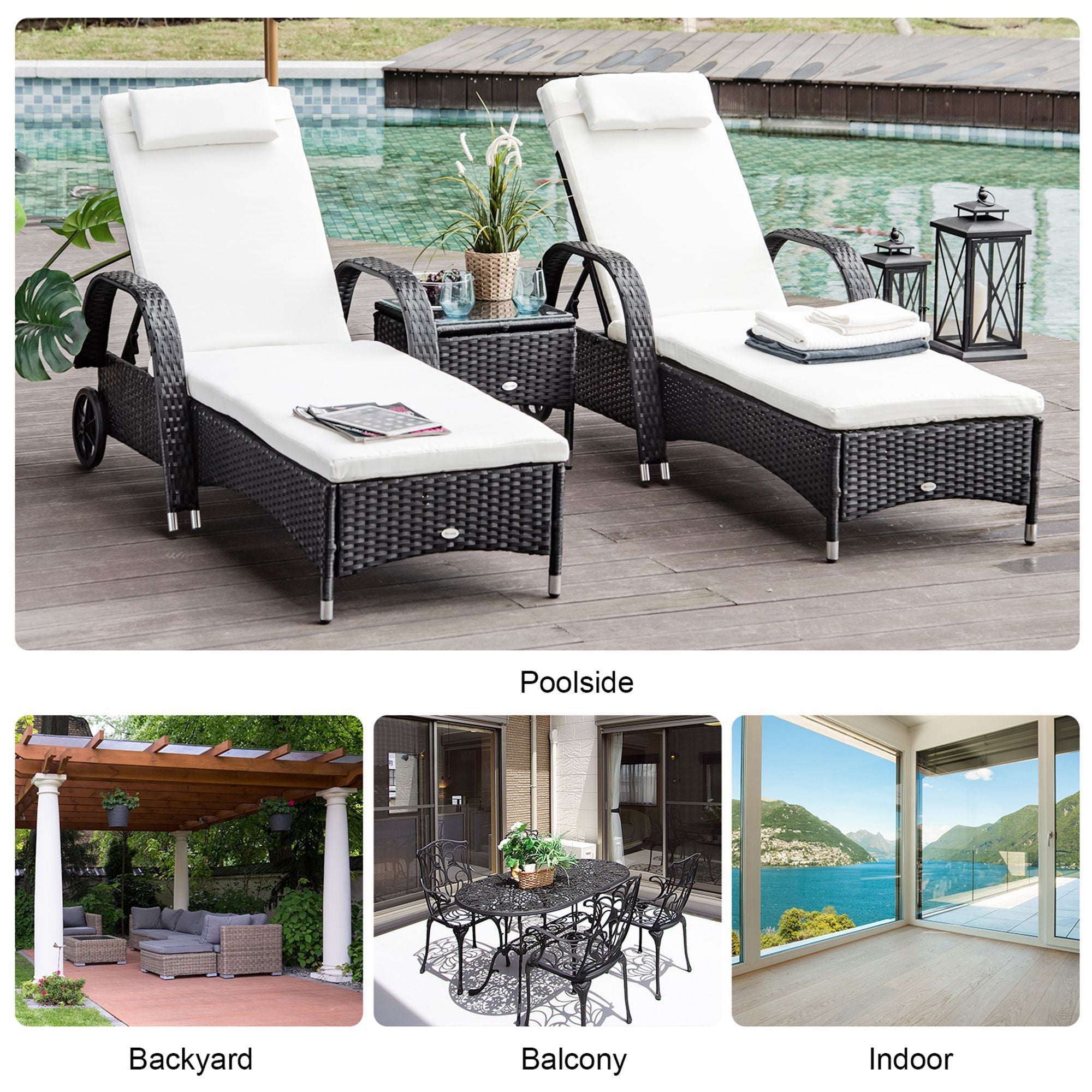 Outsunny 3 Pieces Patio Lounge Chair Set Garden Wicker Wheeling Recliner Outdoor Daybed, PE Rattan Lounge Chairs w/ Cushions & Side Coffee Table Black