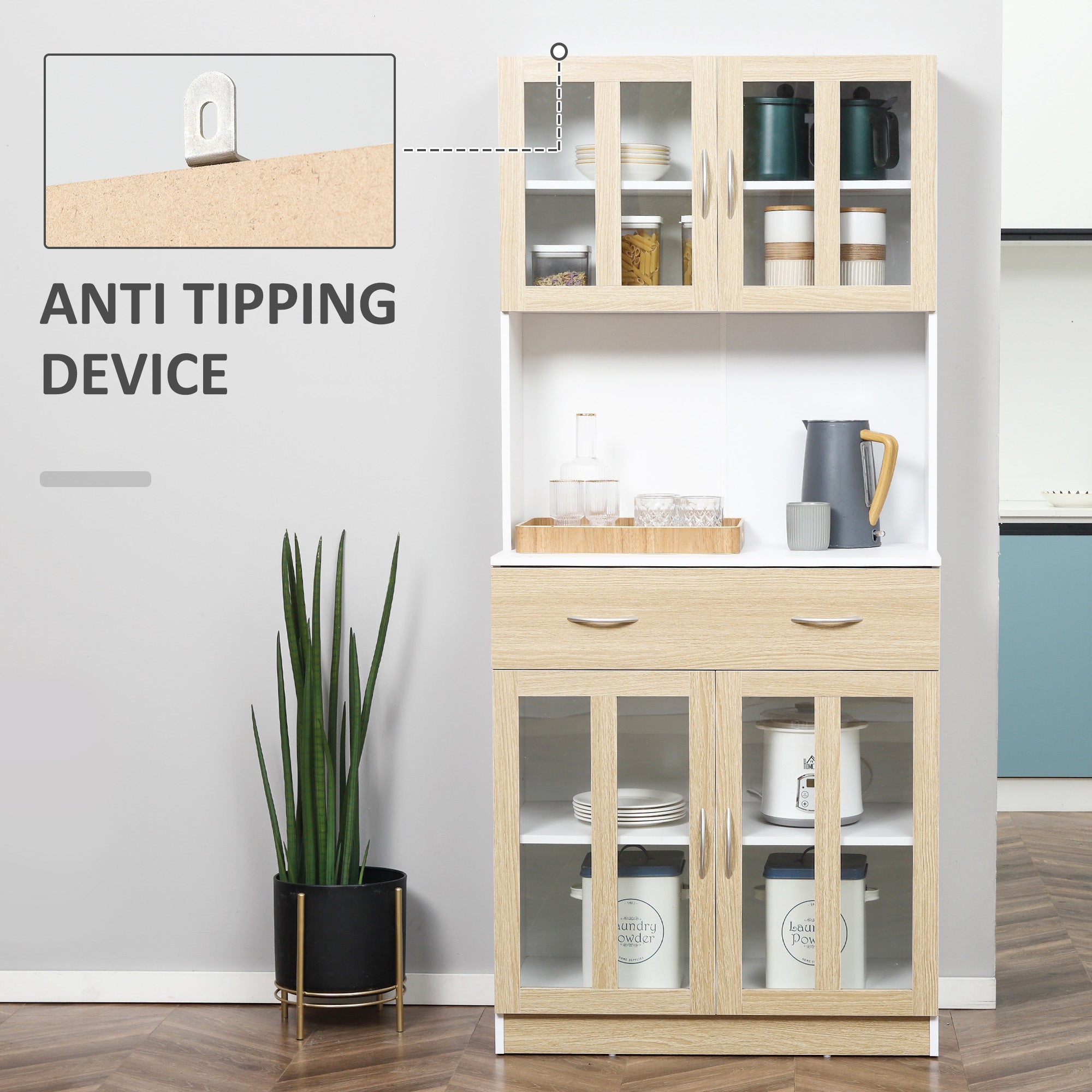 Kozy Modern Kitchen Cupboard, Freestanding Storage Cabinet Hutch with Central Drawer, 2 Glass Door Cabinets and Countertop, 180cm