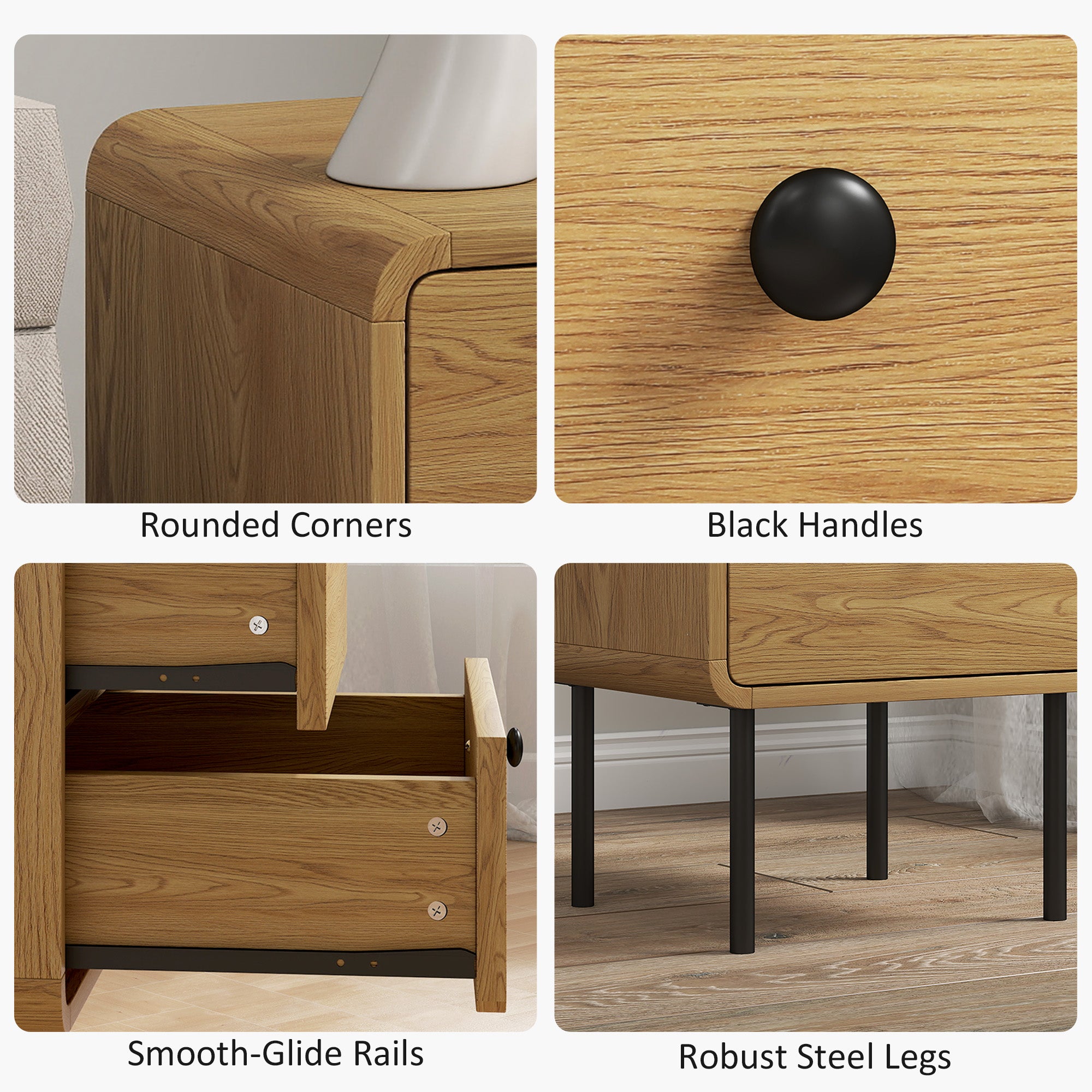 Kozy Bedside Table with 2 Drawers and Steel Legs - Oak