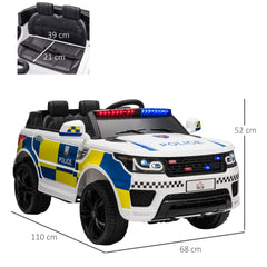 Kozy 12V Electric Car for Kids Police Car 2 Motors with Parental Remote Control Siren Flashing Lights USB Portable for 3-6 Years White