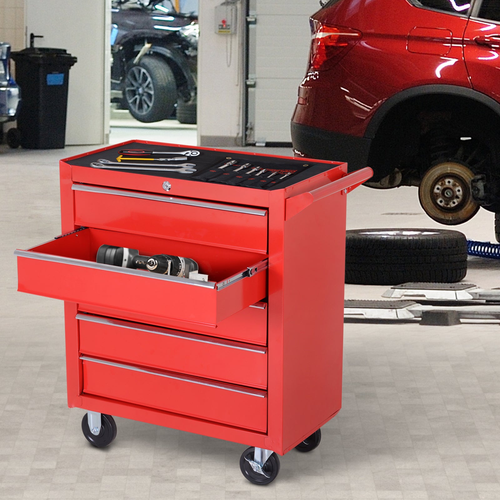 Kozy 5-Drawer Tool Box on Wheels 150KG Load Tool Storage Cabinet with EVA Pad, Red