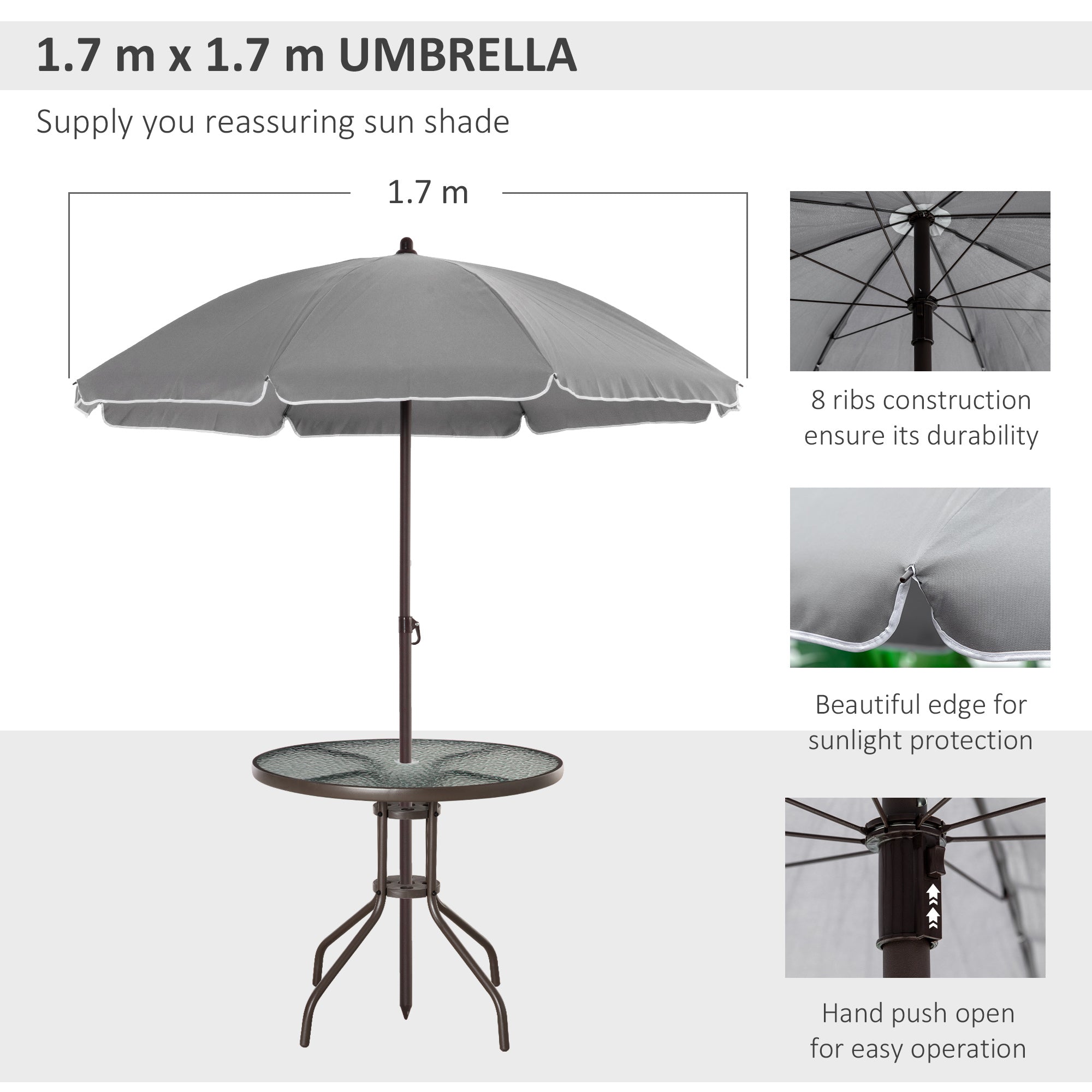 Kozy 6 Piece Garden Dining Set with Umbrella, Outdoor Dining Sets with Parasol, 4 Folding Dining Chairs & Round Tempered Glass Table, Grey