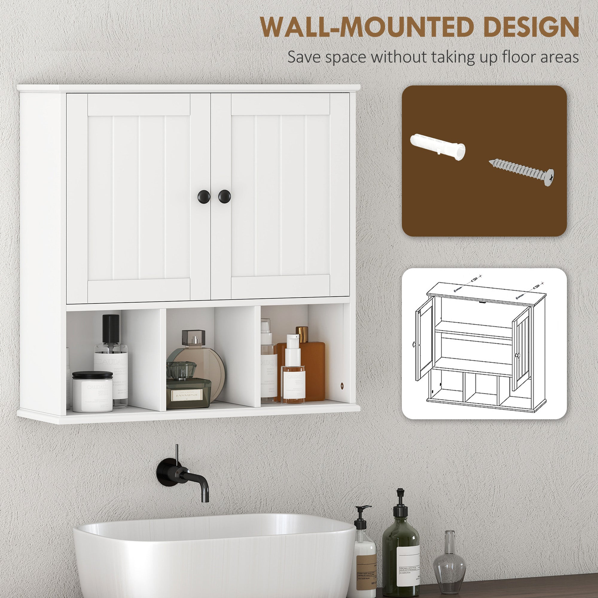 Kozy Farmhouse Bathroom Wall Cabinet, Wall Mounted Medicine Cabinet with Adjustable Shelf, Open Compartments, White