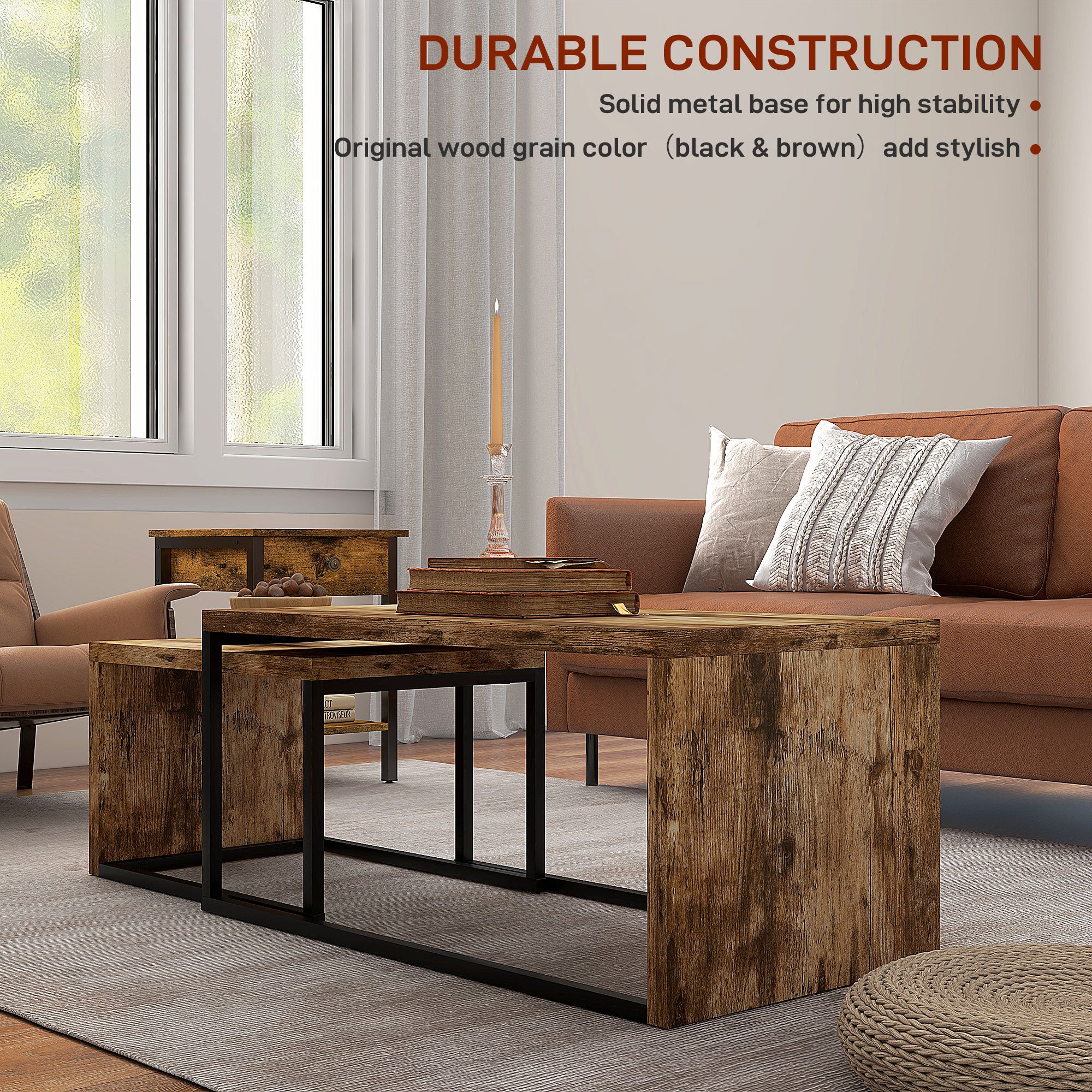 Kozy Nesting Coffee Table Set of 2, Industrial Stacking Side End Tables with Metal Frame for Living Room, Bedroom, Rustic Brown