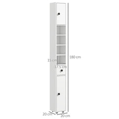 Kleankin 180cm Tall Slim Bathroom Cabinet, Narrow Toilet Roll Storage w/ Open Shelves, 2 Door Cabinets, Adjustable Shelves, for Kitchen, White