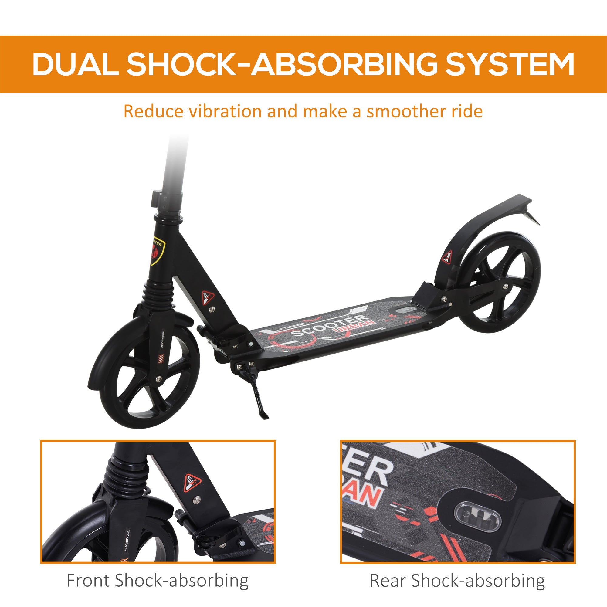 HOMCOM Folding Kick Scooter 2 Big Wheels Teens Adult 14+ Adjustable Ride On Black