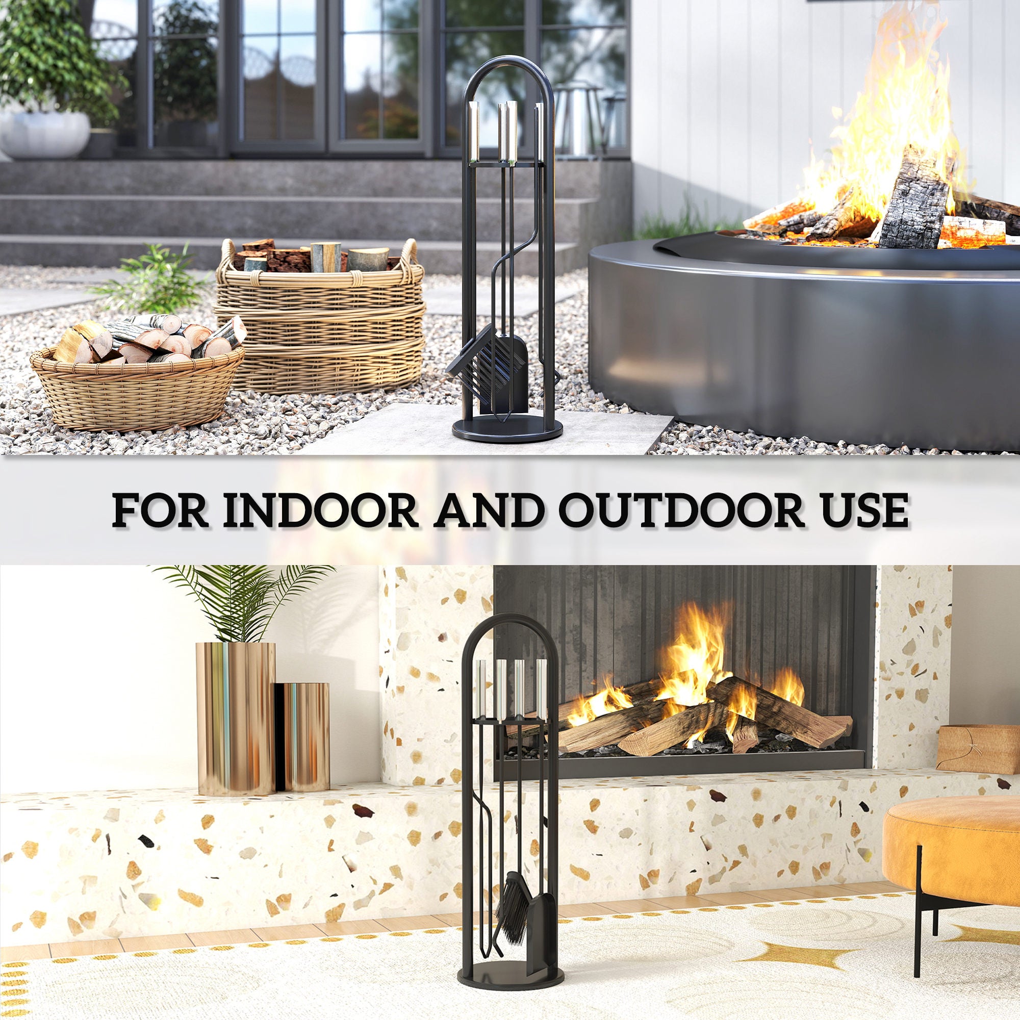 Kozy - 5 Pieces Fireplace Tools Set, Metal Fireplace Accessories Fireside Companion Set with Broom, Shovel, Poker and Bucket, Silver