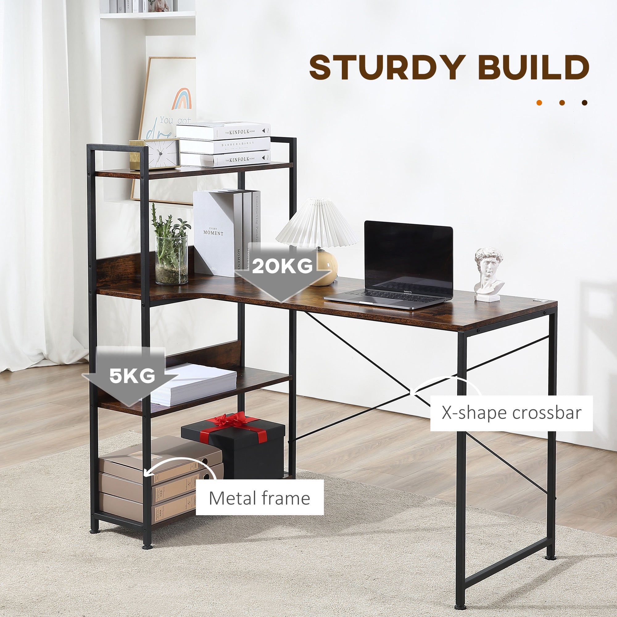 Kozy Office Desk with Storage Shelves, 120 CM Computer Desk, Industrial Study Table with Metal Frame for Home Office Small Space, Rustic Brown