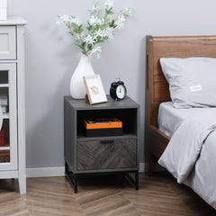 Kozy Bedside Table with Drawer and Shelf, Side End Table with Steel Legs for Living Room, Bedroom, Dark Grey