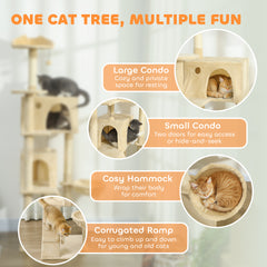 Kozy 180cm Large Cat Tree Tower with Sisal Scratching Posts, Condos, Plush Perches, Hammock, Ladder, Beige