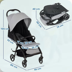 AIYAPLAY Travel Stroller, Lightweight Pushchair, Compact Buggy with Canopy, Basket and Multi-Position Recline, Light Grey