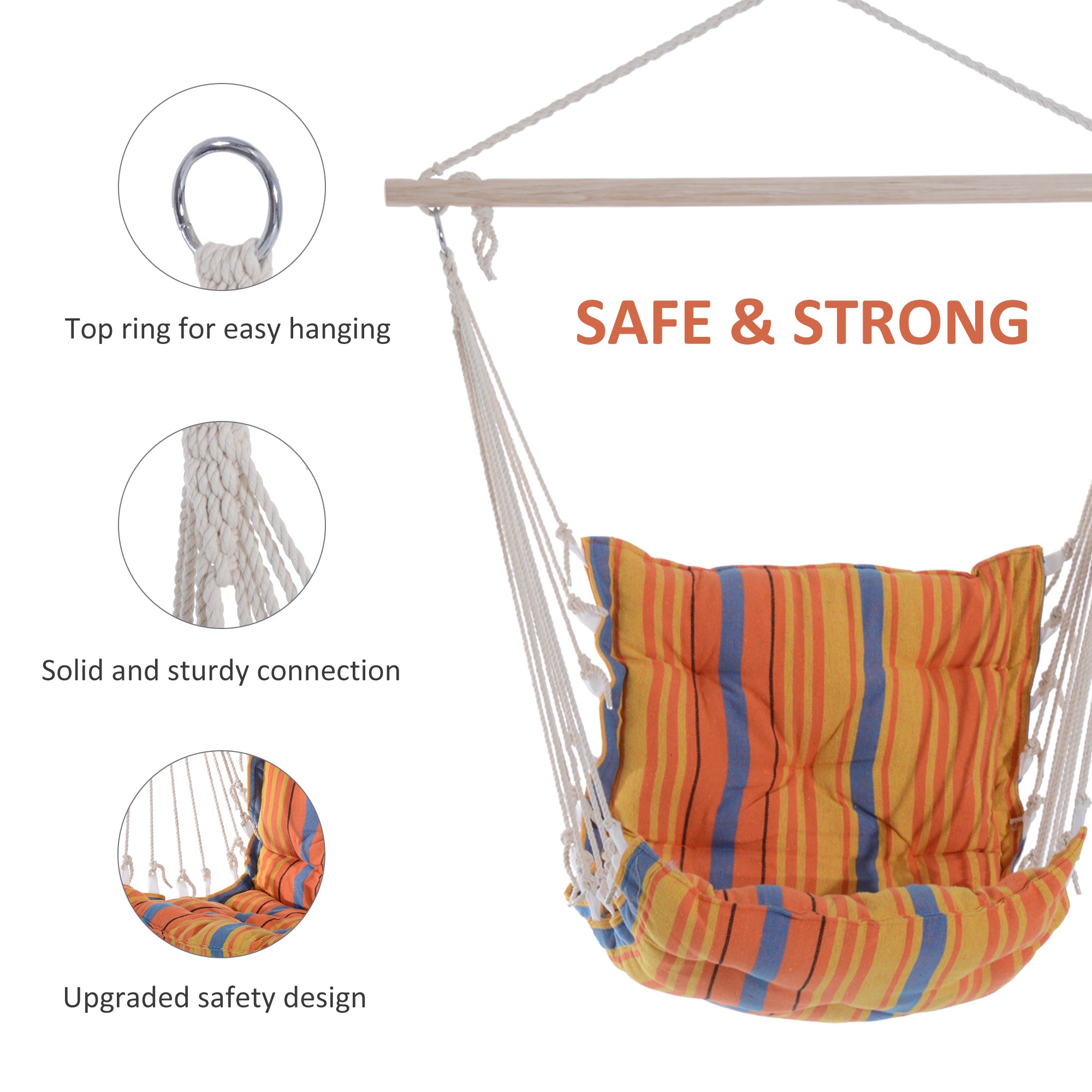 Kozy Outdoor Hanging Rope Chair with Soft Padded Seat & Backrest, Garden Hammock Chair with Wooden Support Bar Cotton Cloth, Portable Garden Chair for Patio & Tree, Orange