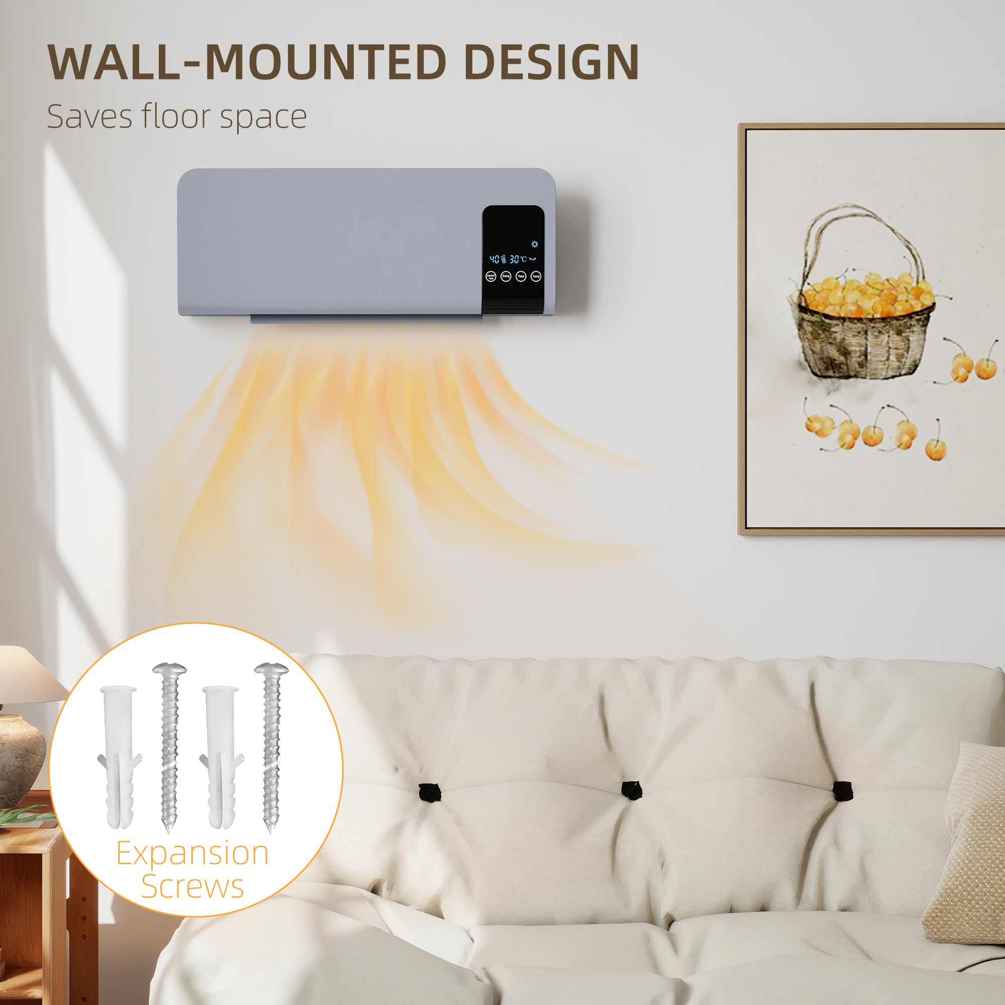 Kozy - 2000W Wall Mounted Heater, 18-45°C Temperature, Grey