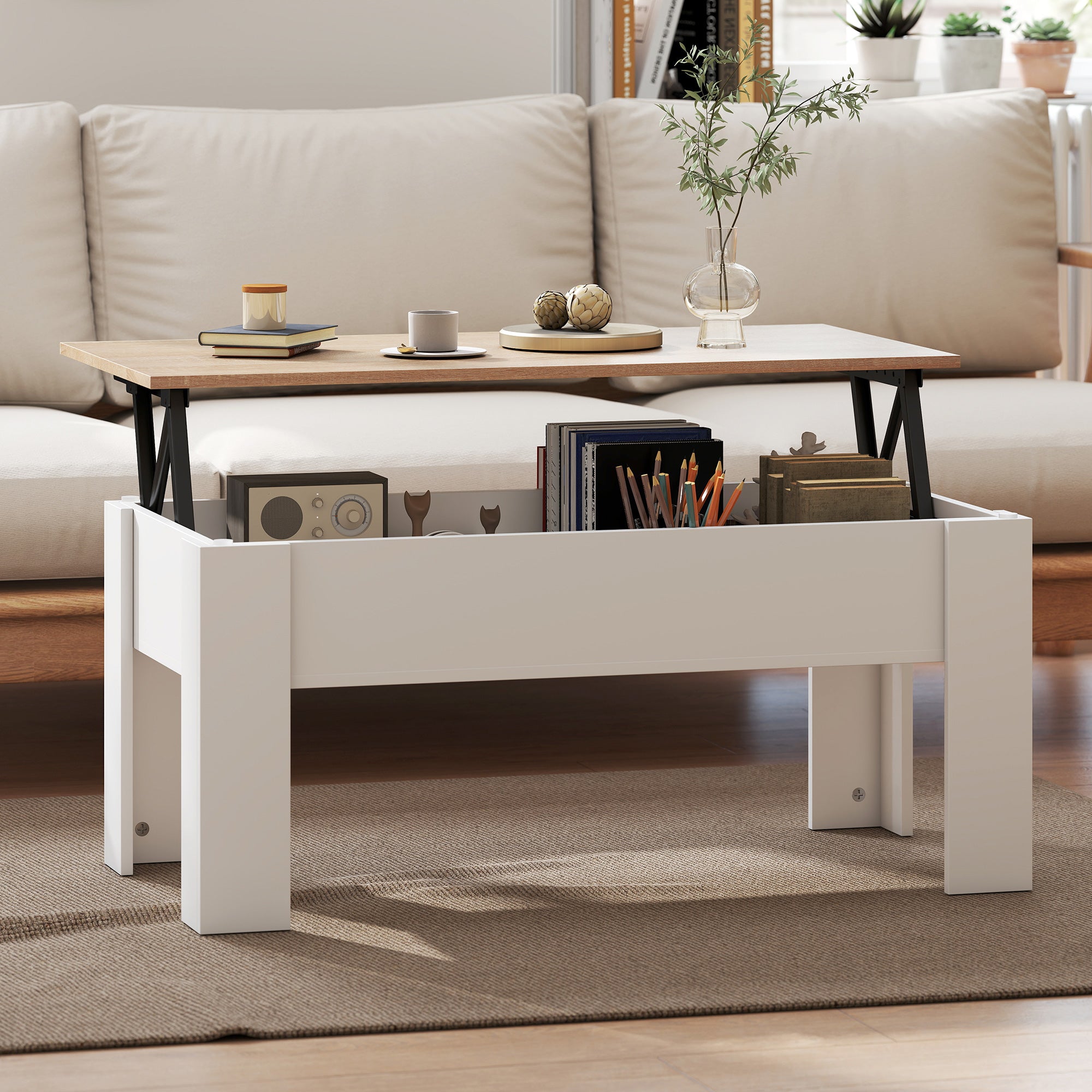 Kozy Lift Top Coffee Table with Hidden Storage Compartment, Lift Tabletop Pop-Up Center Table for Living Room