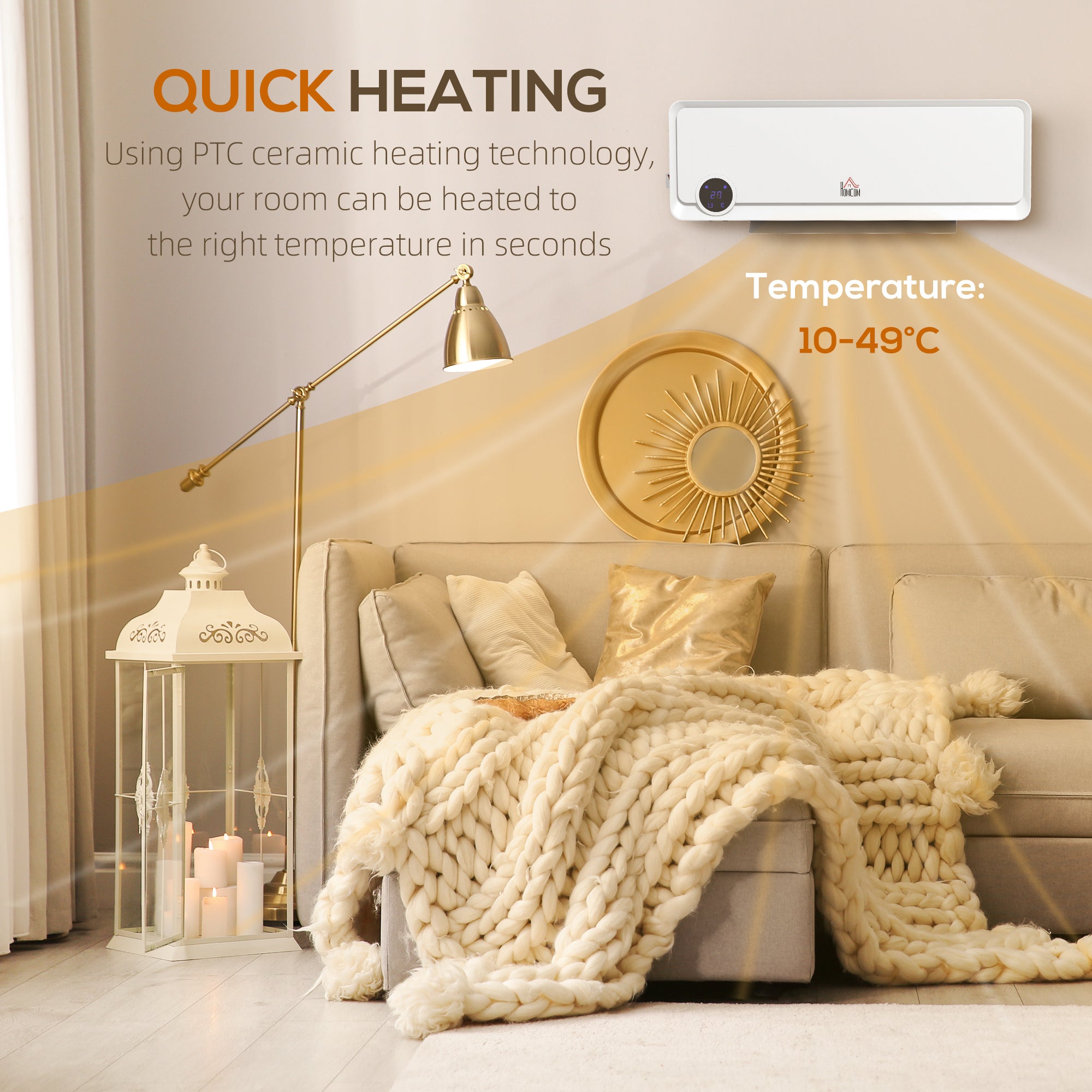 Kozy - Wall Downflow Heater 2 Heat and Fan 1000W/2000W, Electric Space Heater with Timer Remote Oscillating, for Bedroom Home Office, White