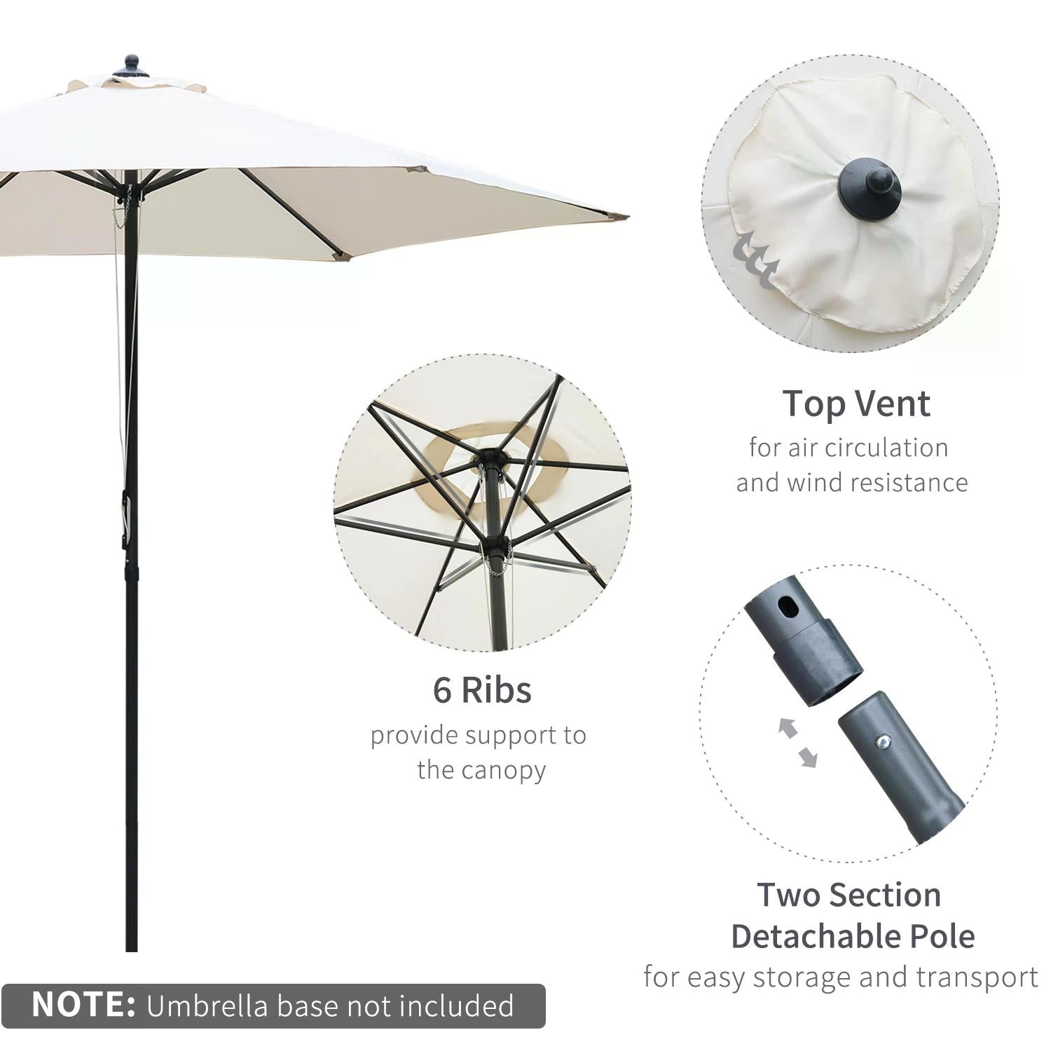 Outsunny 2.8m Garden Parasol Umbrella, Round Outdoor Market Table Umbrella, Parasol Patio Umbrella, 6 Ribs Manual Push, Sun Shade Canopy, Off