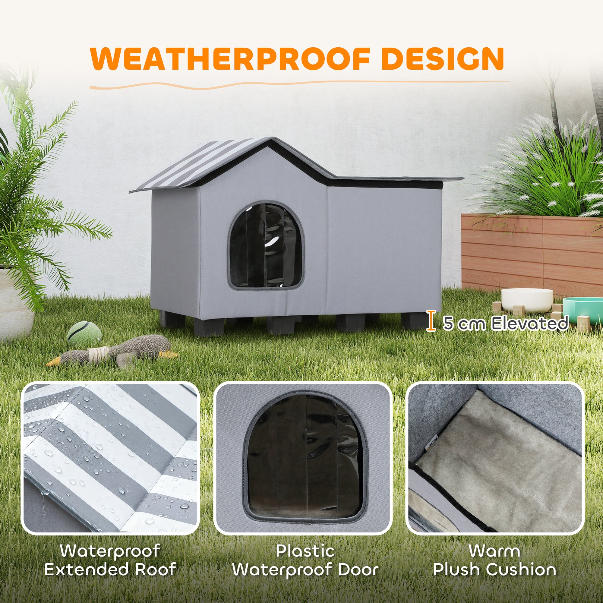 Kozy - Outdoor Cat House, Weatherproof Feral Cat Cave with Elevated Base and Cushion for Winter, Grey