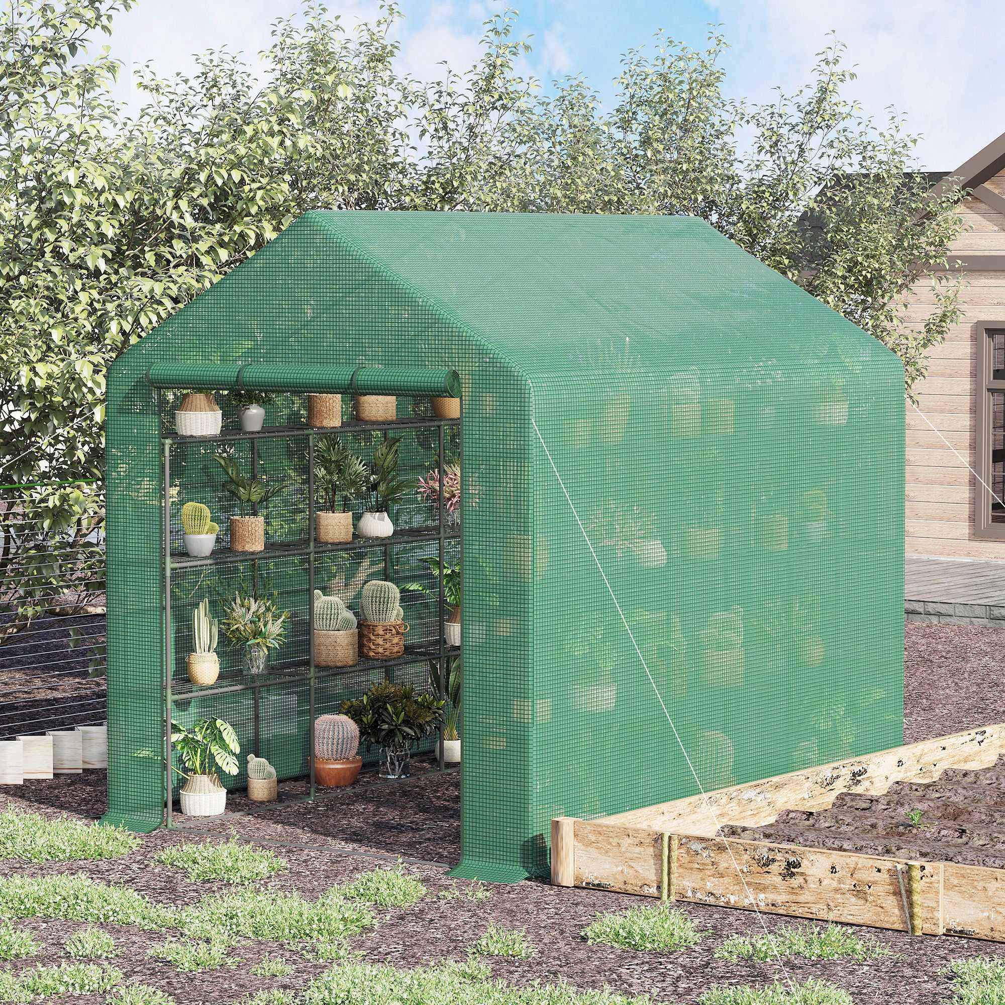 Kozy Walk-in Greenhouse with 4 Tier 24 Shelves, Portable Grow House with Roll-up Zipped Door, 244 x 180 x 210cm, Green