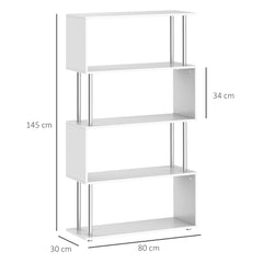 Kozy S Shape Bookcase, 5 Tiers Bookshelf, Modern Freestanding Storage Shelf for Home Office, Study, Living Room, 80 x 30 x 145cm, White