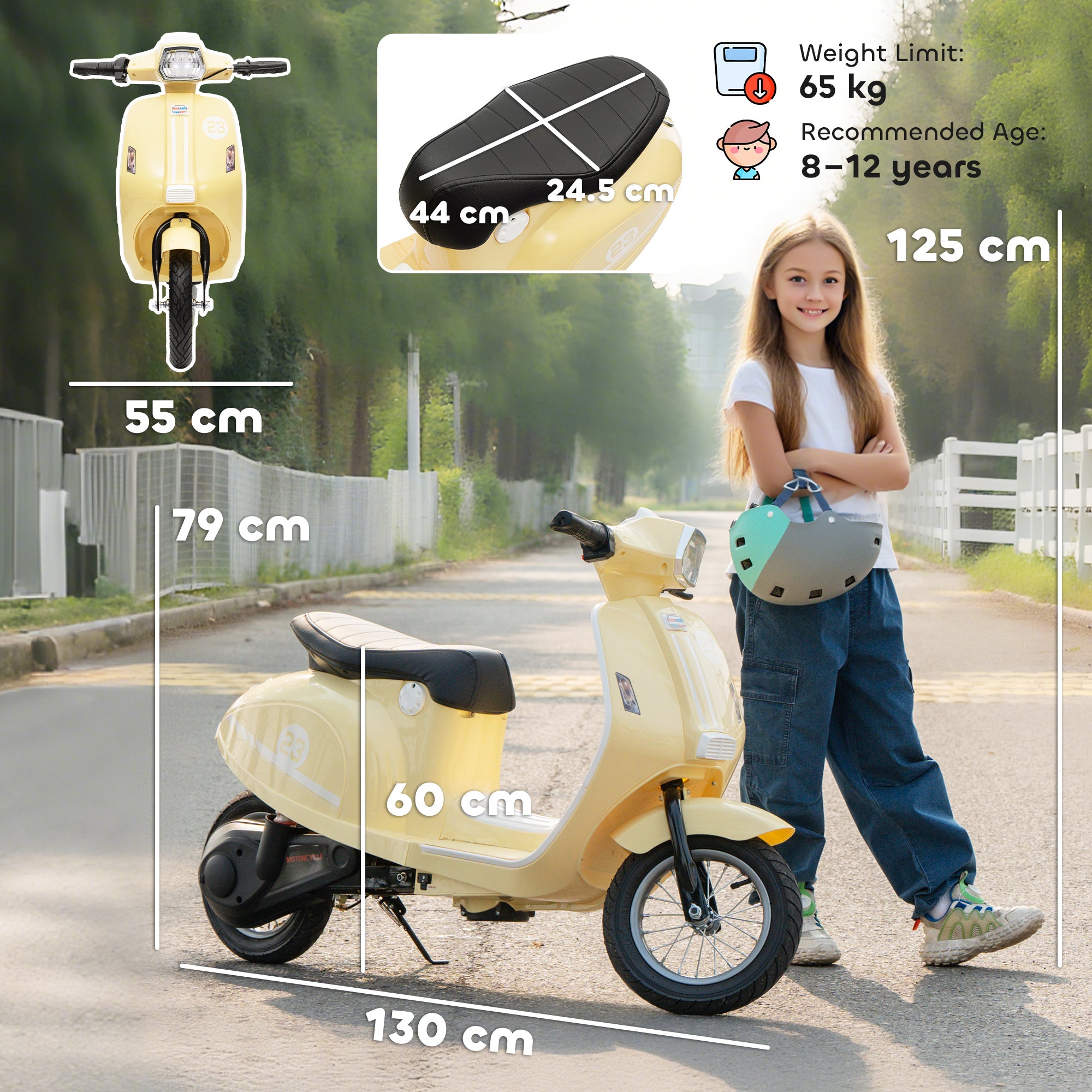 Kozy 24V Kids Electric Motorbike, Ride on Motorcycle with Manual Throttle, Brakes and LED Lights for Ages 8-12 Years, Beige