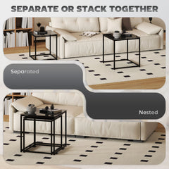 Kozy Nest of Tables, Set of 2 Coffee Table, Side Tables with Tempered Glass Desktop and Metal Frame for Living Room, Bedroom, Office, Black