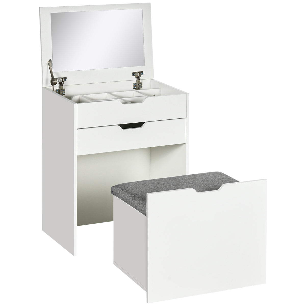 Kozy Dressing Table with Flip-up Mirror and Storage Stool, Vanity Table with Drawer and Hidden Compartments for Bedroom, Living Room, White