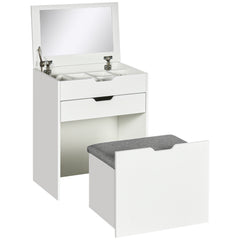 Kozy Dressing Table with Flip-up Mirror and Storage Stool, Vanity Table with Drawer and Hidden Compartments for Bedroom, Living Room, White