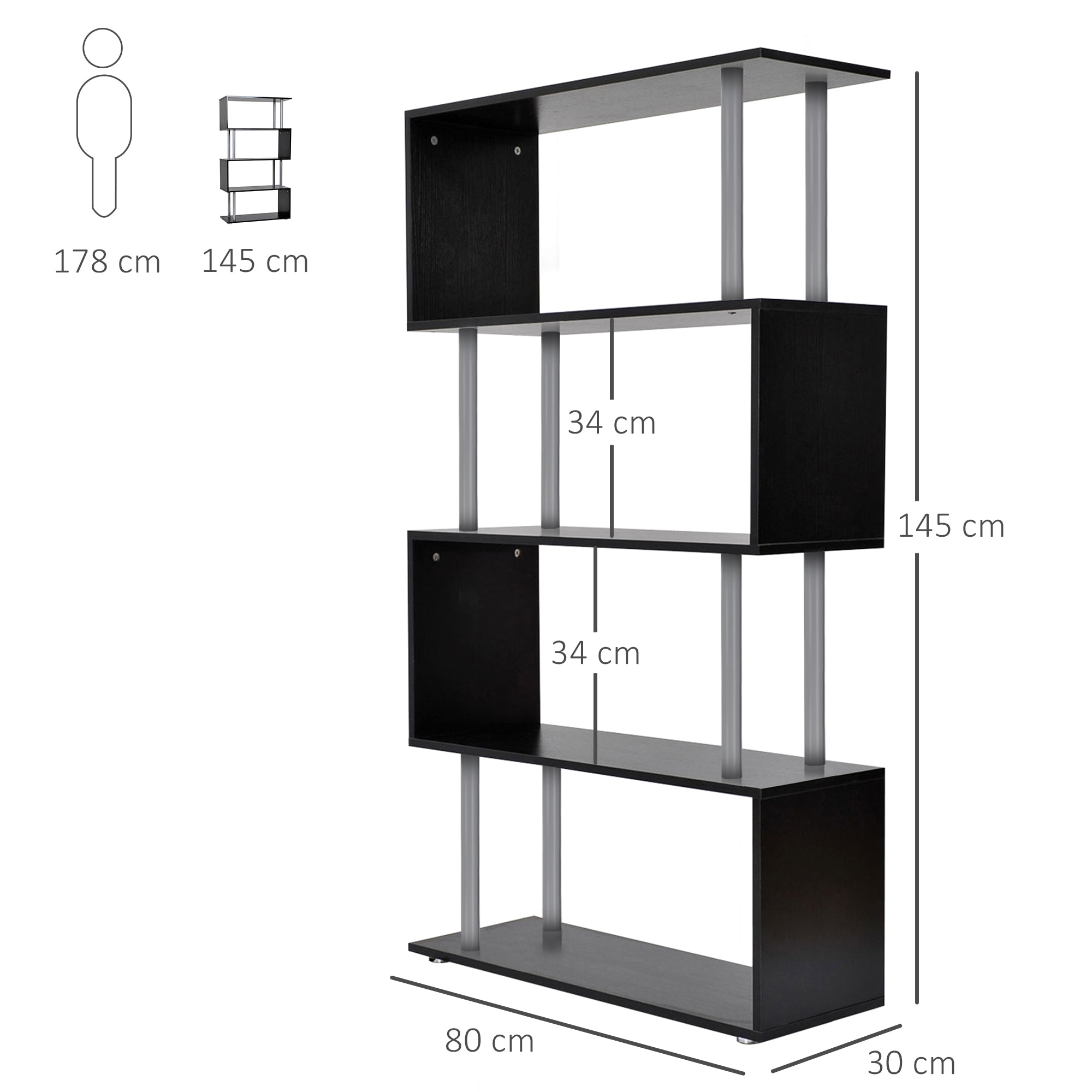 Kozy S Shape Bookcase, 5 Tiers Bookshelf, Modern Freestanding Storage Shelf for Home Office, Study, Living Room, 80 x 30 x 145cm Black