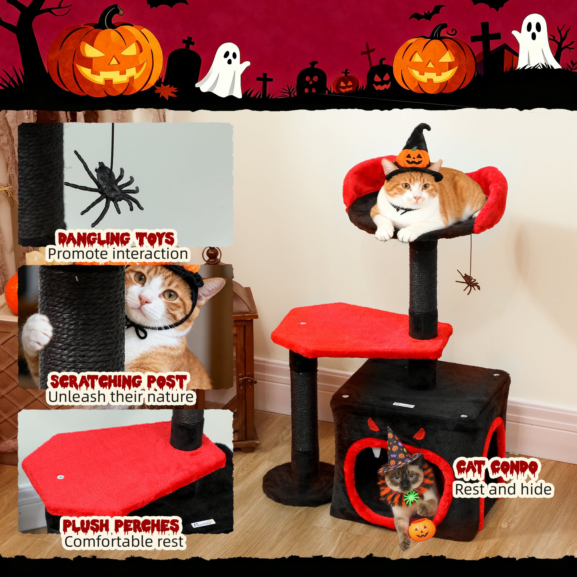 Kozy - Cat Tree, Gothic Cat Tower with Scratching Posts, Cute Condo, Coffin Platform, Bed and Spider Toy, Halloween
