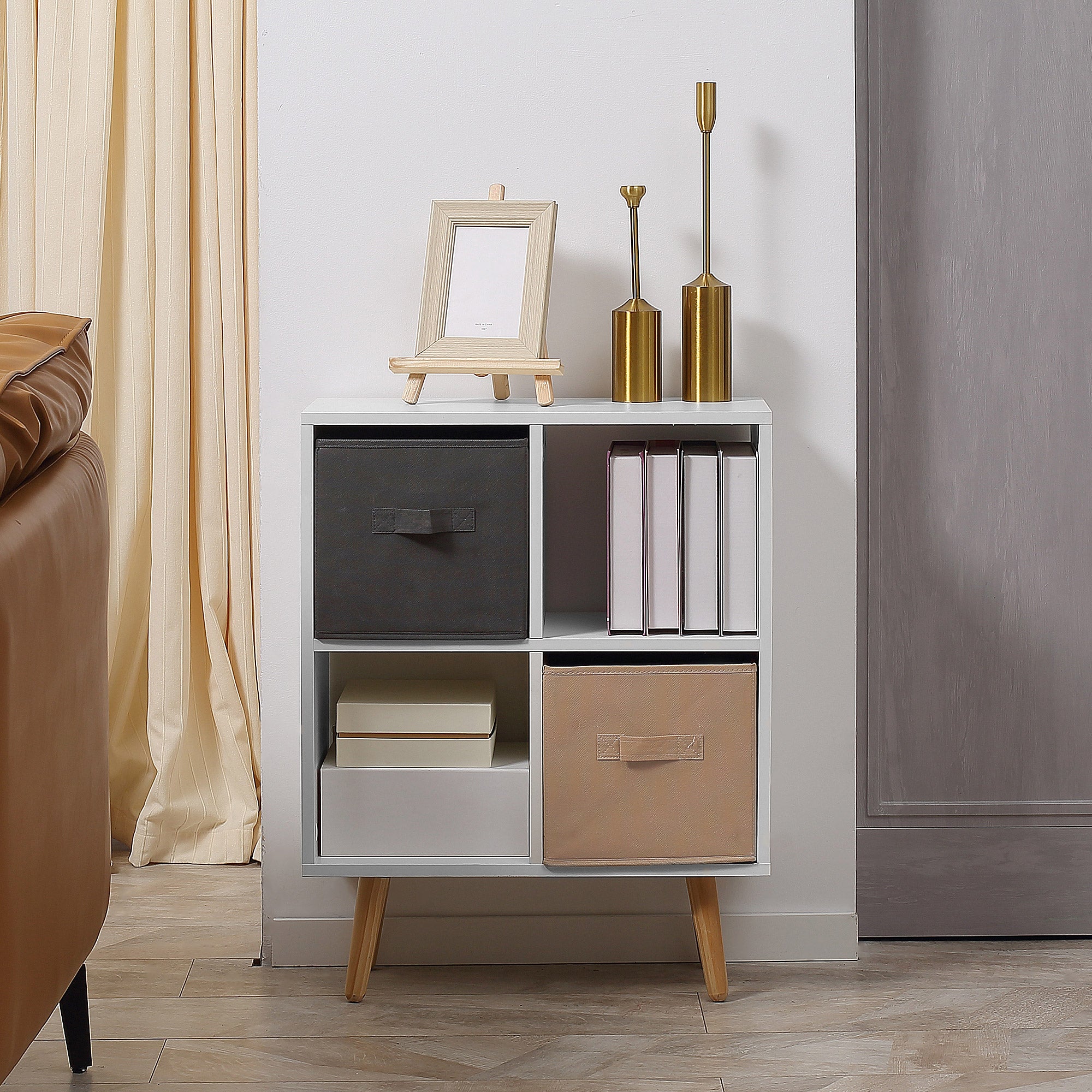 Kozy Freestanding 4 Cube Unit Cabinet Unit w/ 3 Fabric Drawers Handles Home Office Storage Shelves