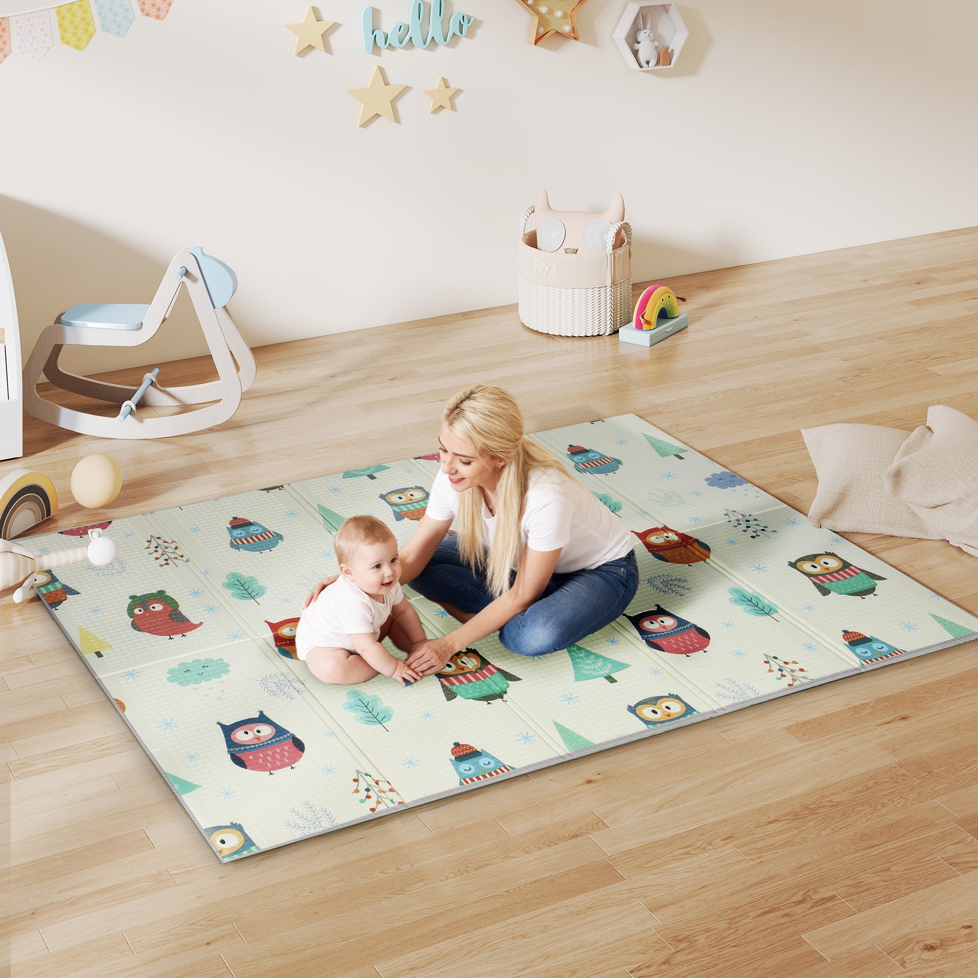Kozy Foldable Baby Plat Mat Double Sided, Kids Floor Mat for Crawling, 195.5L x 147.5W cm, Car track and Owl Theme
