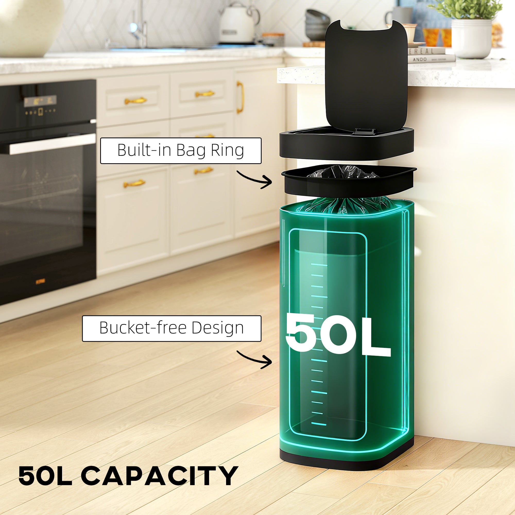 Kozy 50L Sensor Bin, Automatic Kitchen Bin, Manual Override, Battery Operated, Inner-Bucket-Free, for Kitchen, Bedroom
