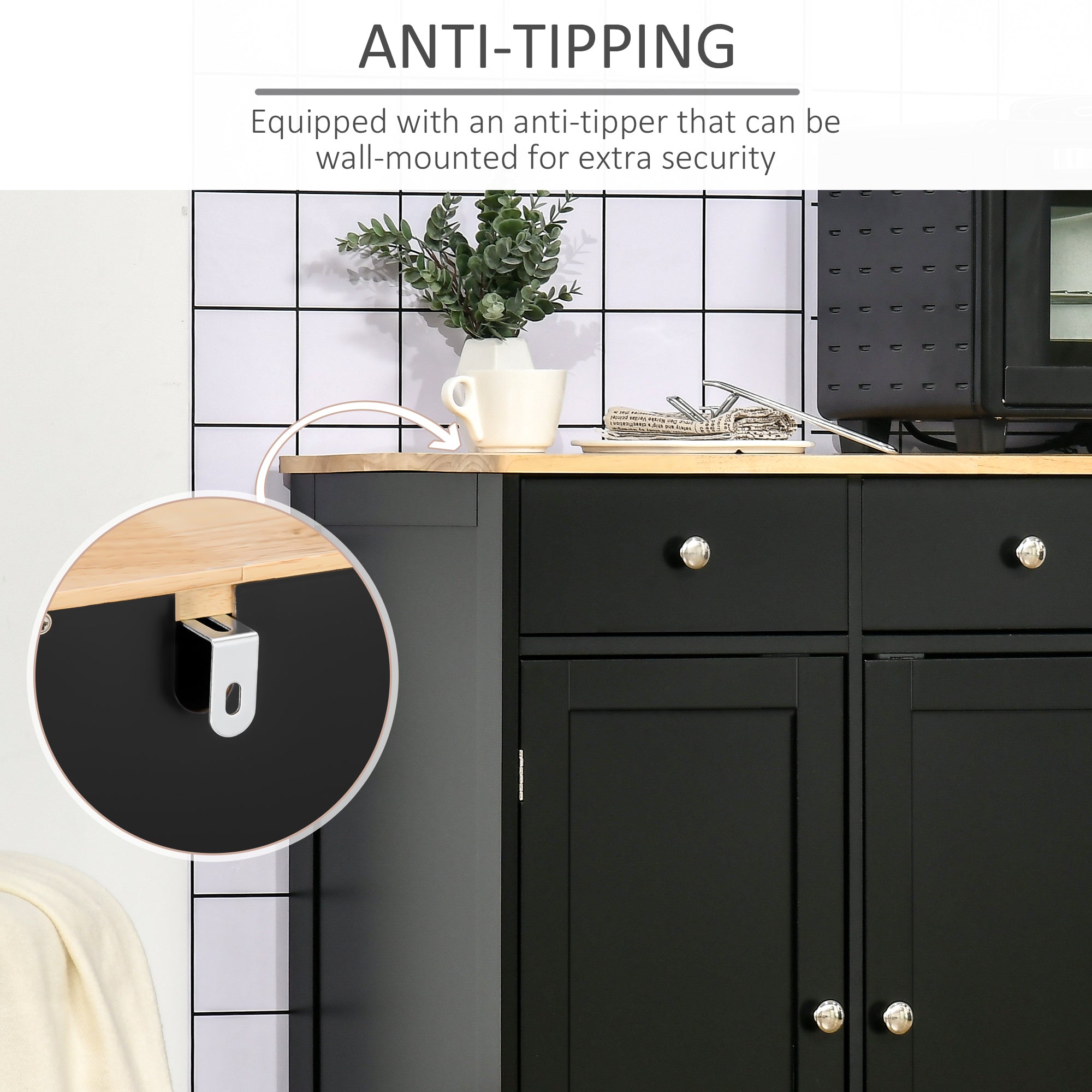 Kozy Sideboard with Rubberwood Top and Adjustable Shelves for Dining Room, Kitchen - Black