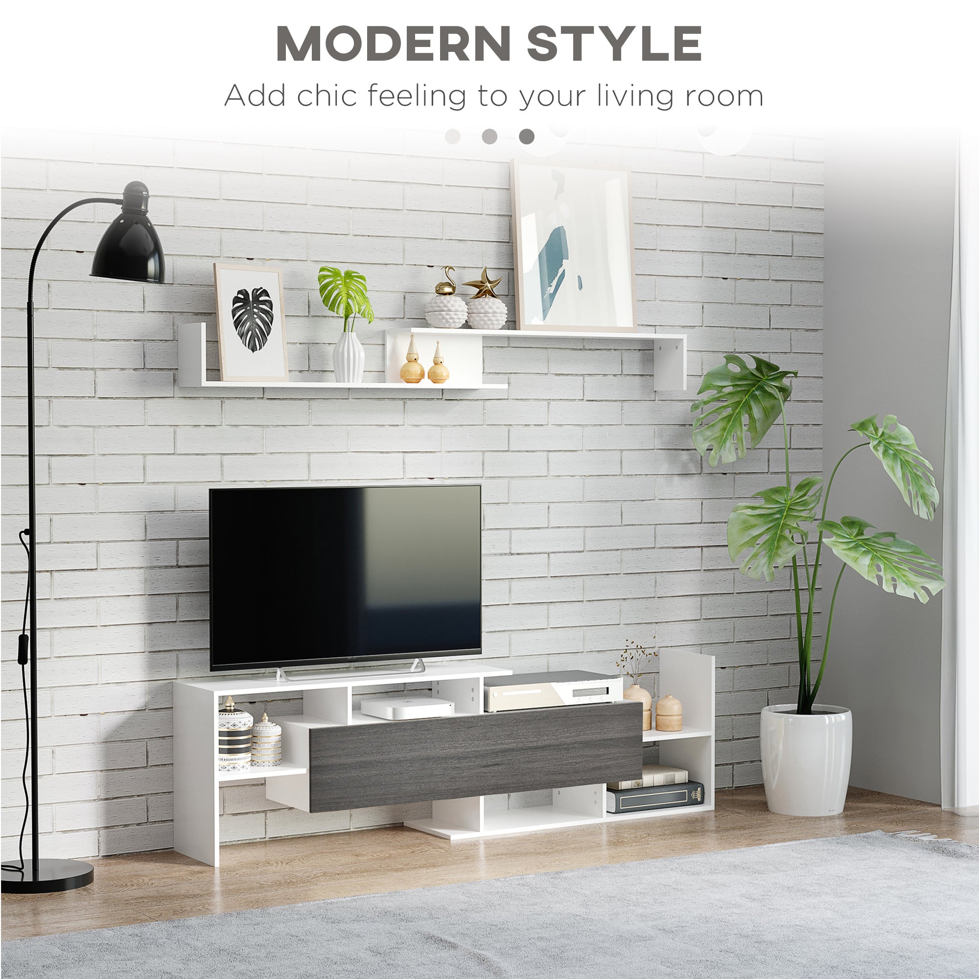 Kozy TV Cabinet with Wall Shelf for Wall-Mounted 65" TVs or Standing 40" TVs - White and Natural
