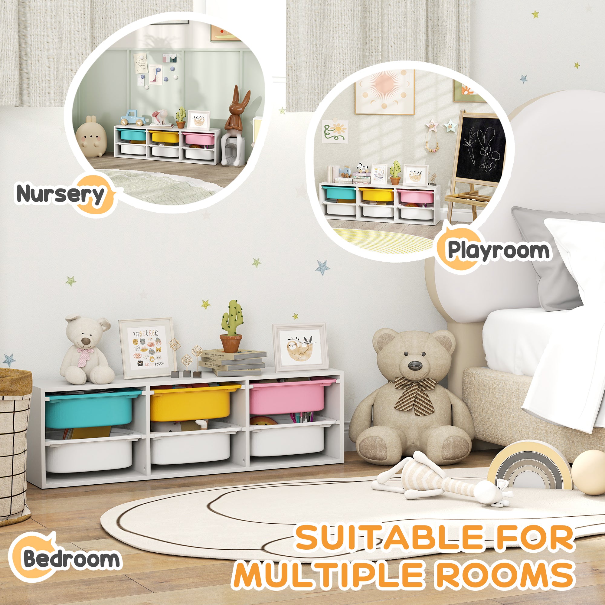 Kozy Low Height 2 Tiers Storage Organiser, Kids Toy Storage Unit with 6 Removable Bins for Bedroom, Nursery, Playroom