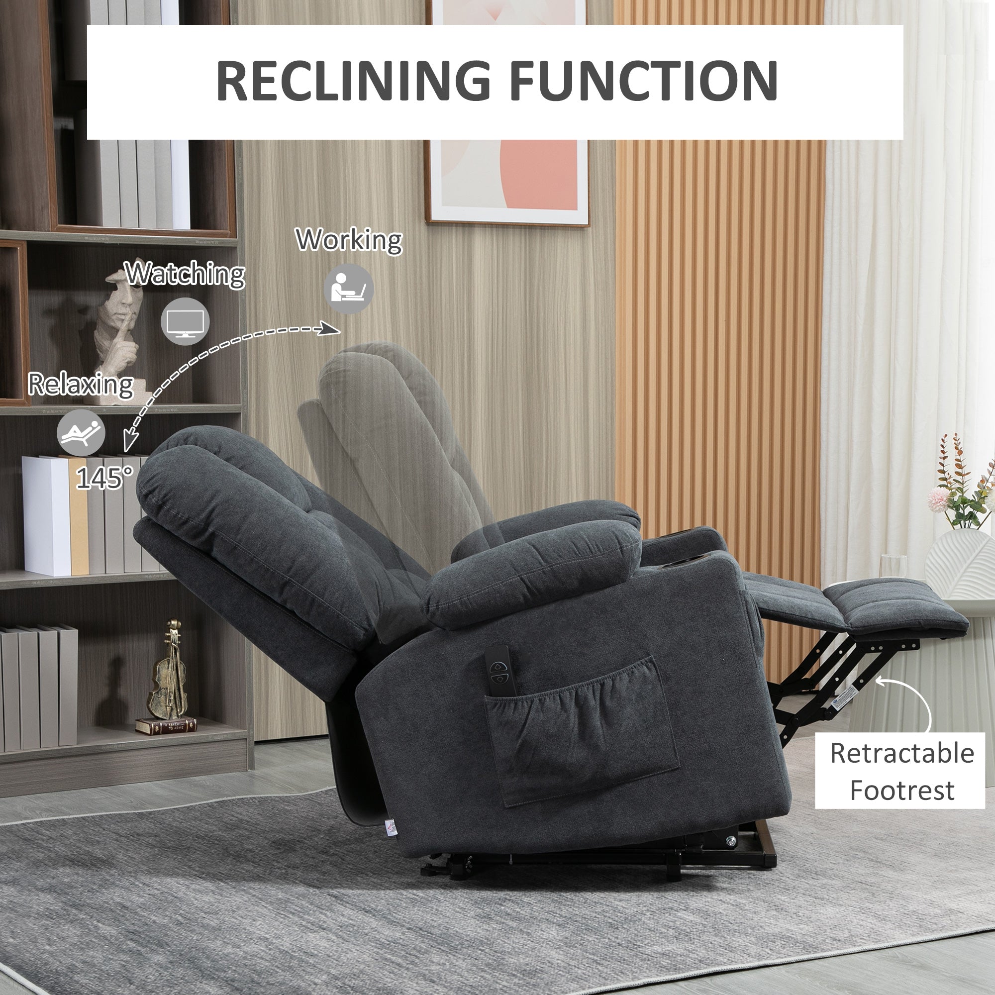 Kozy Electric Riser Recliner Armchair， Oversized Chair with Cup Holder & Side Pockets for Elderly in Living Room, Charcoal Grey