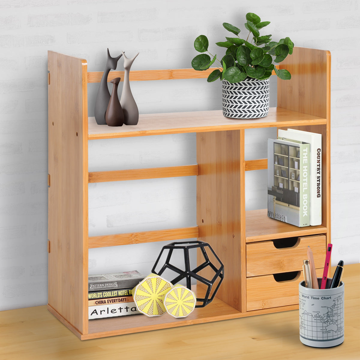 HOMCOM Desk Organiser, Bamboo Desktop Bookshelf with 2 Drawers and Stationery Storage, Reversible Use