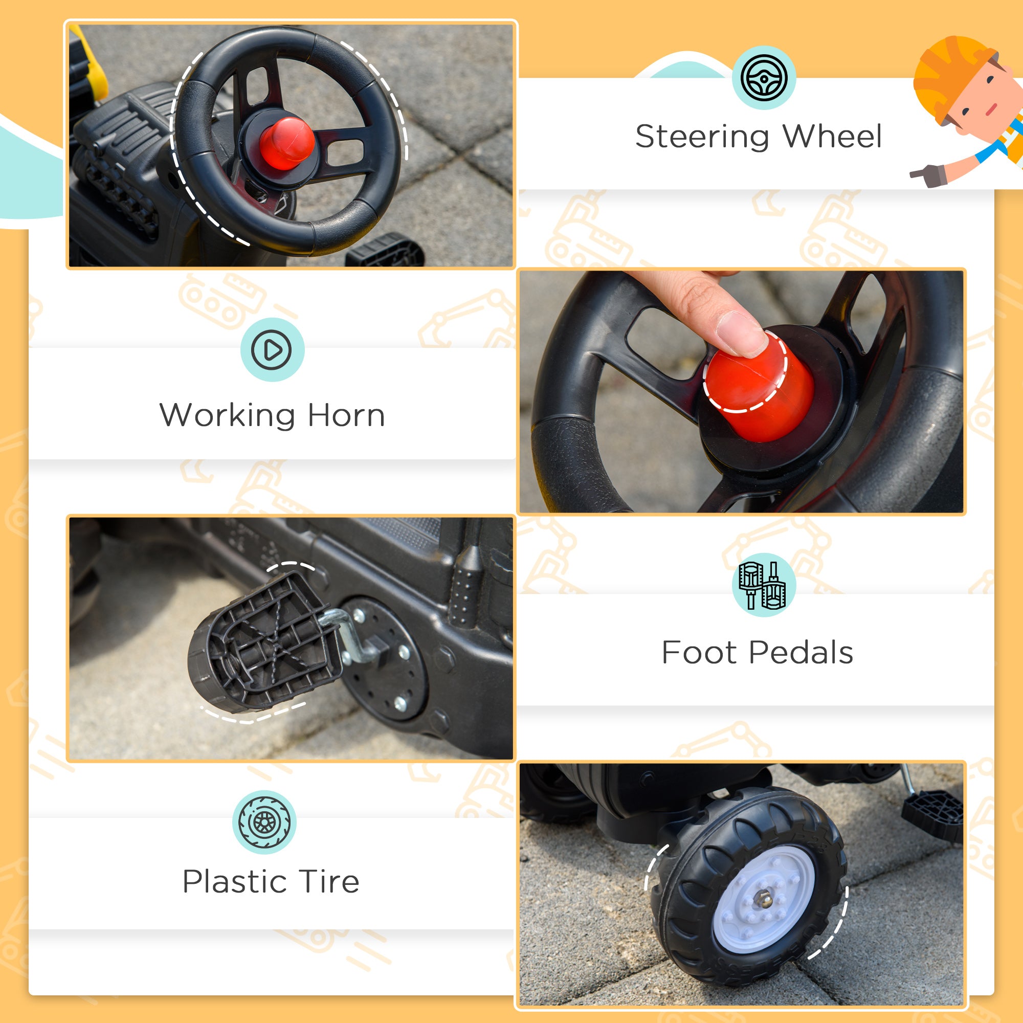 Kozy Kids Ride-On Construction Car, with Horn and Detachable Trailer - Yellow