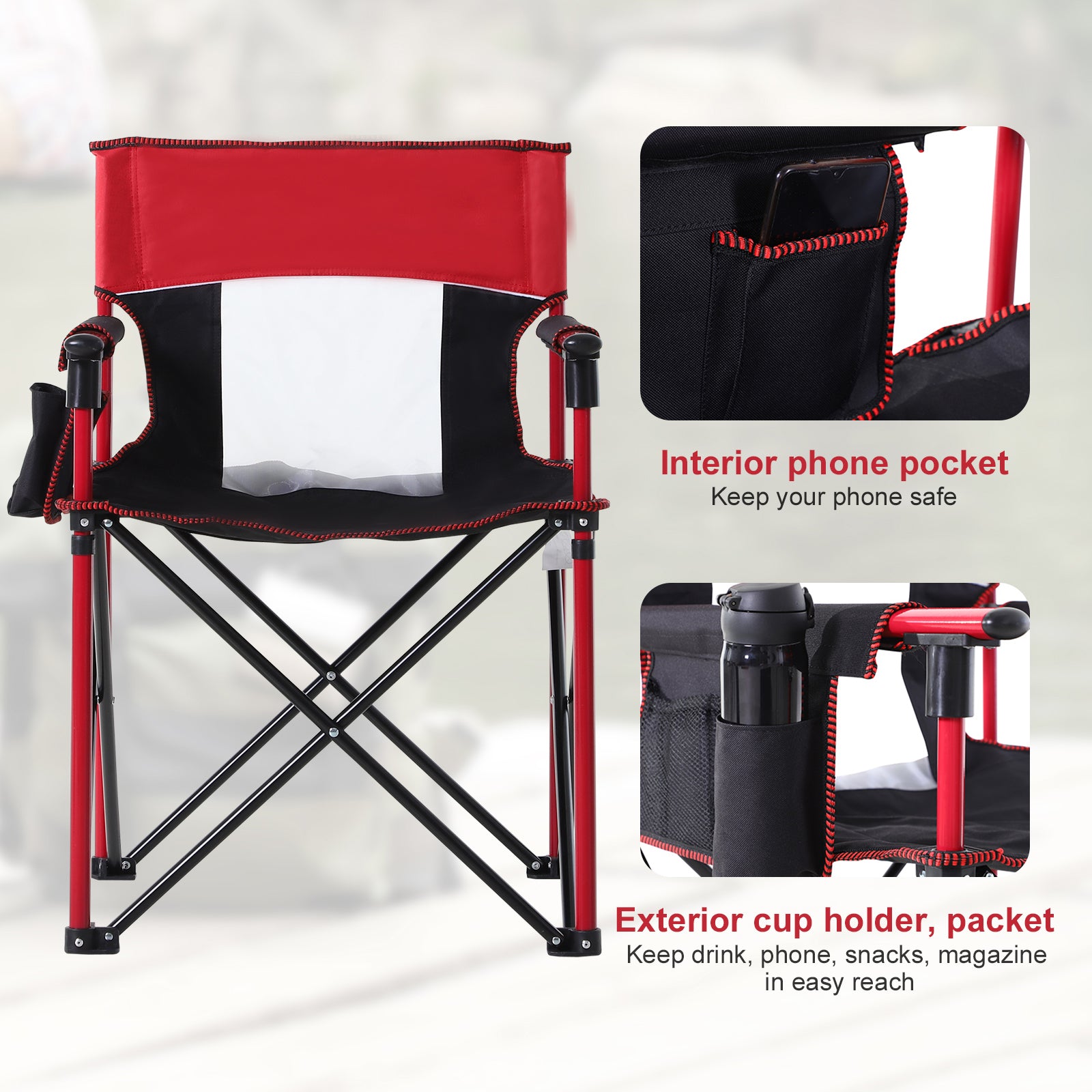 Outsunny Portable Folding Camping Chair, Durable Metal Frame with Comfortable Sponge Padding and Convenient Storage Pockets, Eye