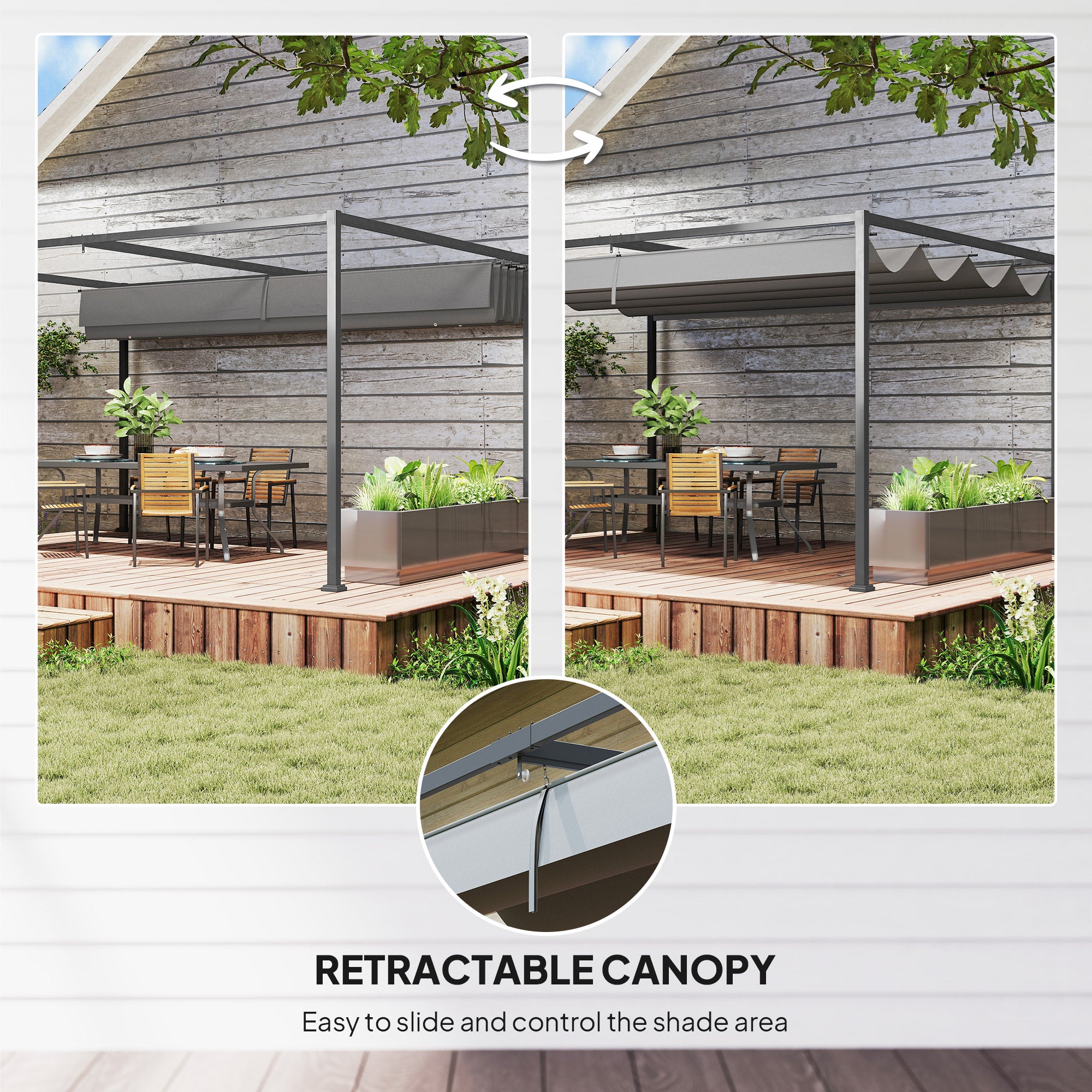 Kozy 4 x 3(m) Metal Outdoor Pergola with Retractable Roof, Outdoor Gazebo with Drainage Holes for Garden, Patio, Lawn, Grey